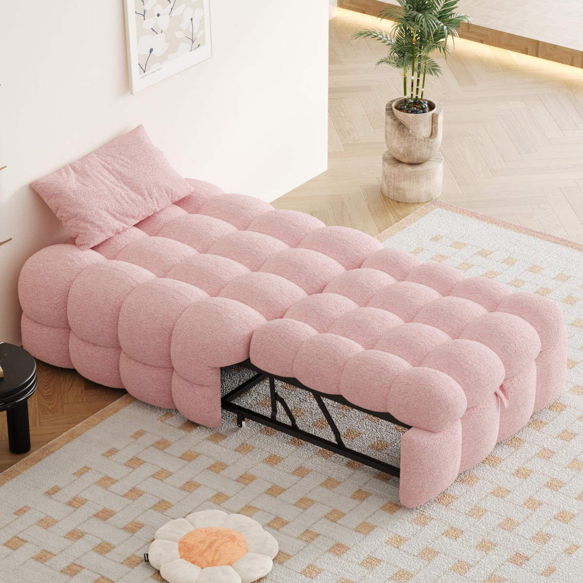 SCHLAFSOFA 183/76/42 cm Rosa 2-in-1 Schlafsofa aus Teddy-Stoff mit Fußhocker - Rosa, Textil (76/42/183cm) - OKWISH