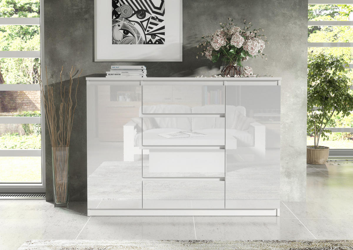 KOMMODE NUDO 138,5/101,5/39cm mit 4 Schubladen 2 Türen Weiß - Weiß Hochglanz/Weiß, Holzwerkstoff (138.5/101.5/39cm) - MASSENO