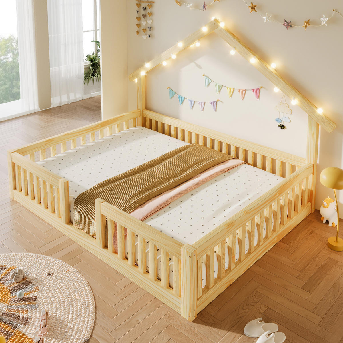 HAUSBETT 140/200 cm in Natur mit Rausfallschutz und LED Holz Design - Naturfarben, Holzwerkstoff (140/200cm) - STILVORA