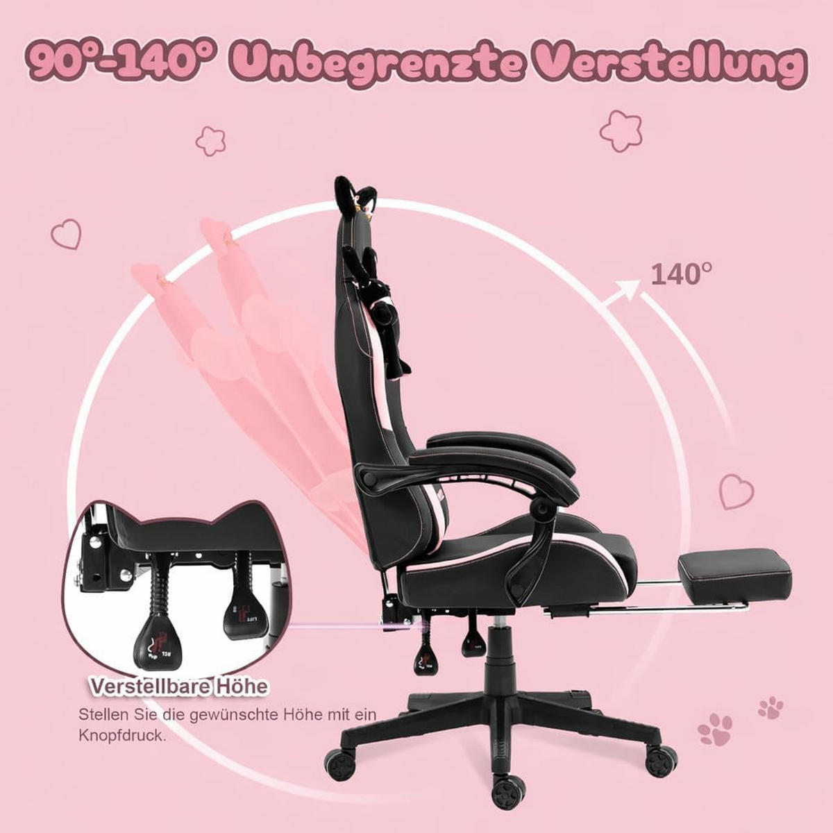 GAMING Stuhl & Lendenwirbelstütze/Hoher Rückenlehne/Fußstütze PU-Leder - Rosa, Leder (72/118/72cm)