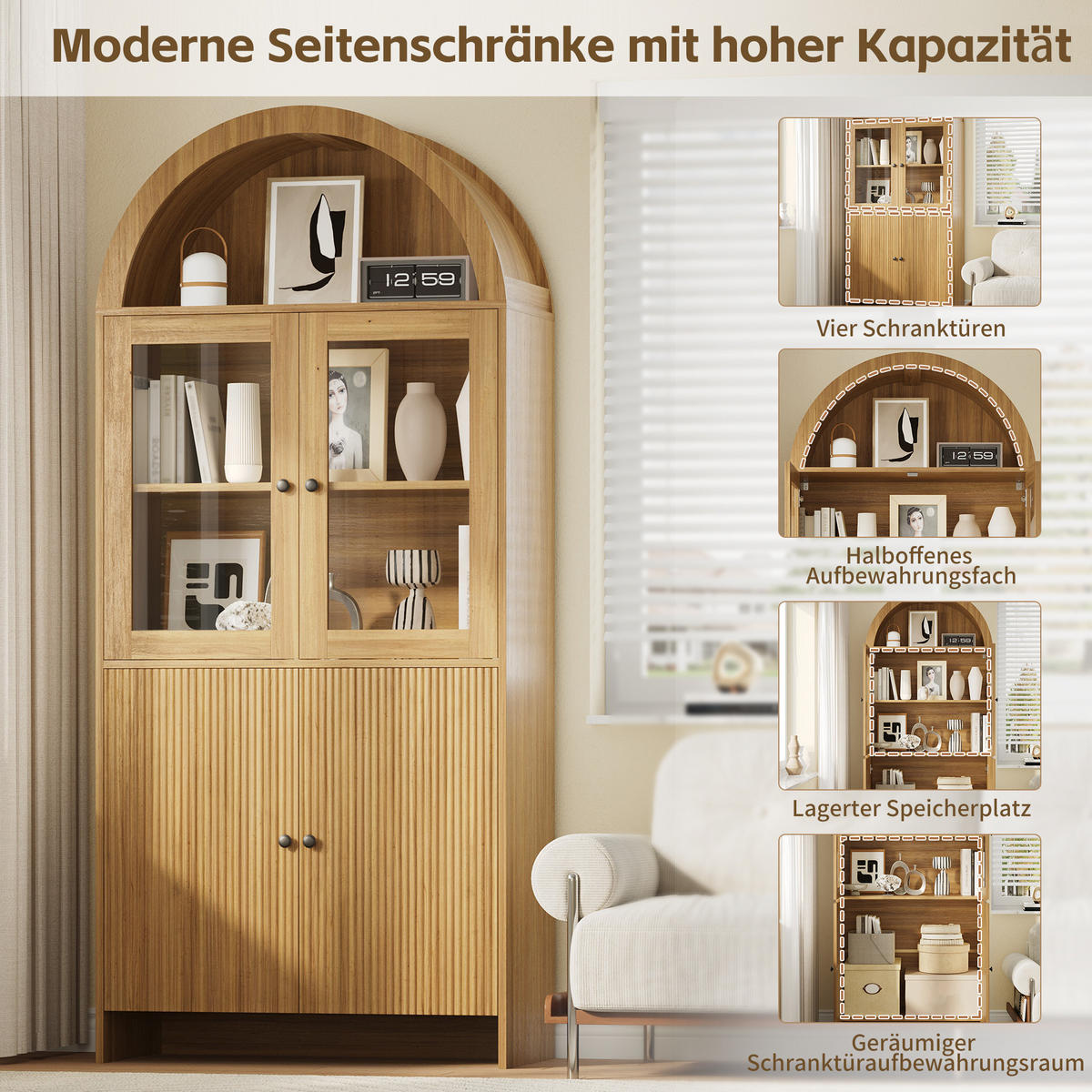 VITRINENSCHRANK 78/40/176 cm mit Glastüren, gewölbtem Design und Wellenfront aus Spanplatte, Natur - Naturfarben, Holzwerkstoff (78/176/40cm) - Redom