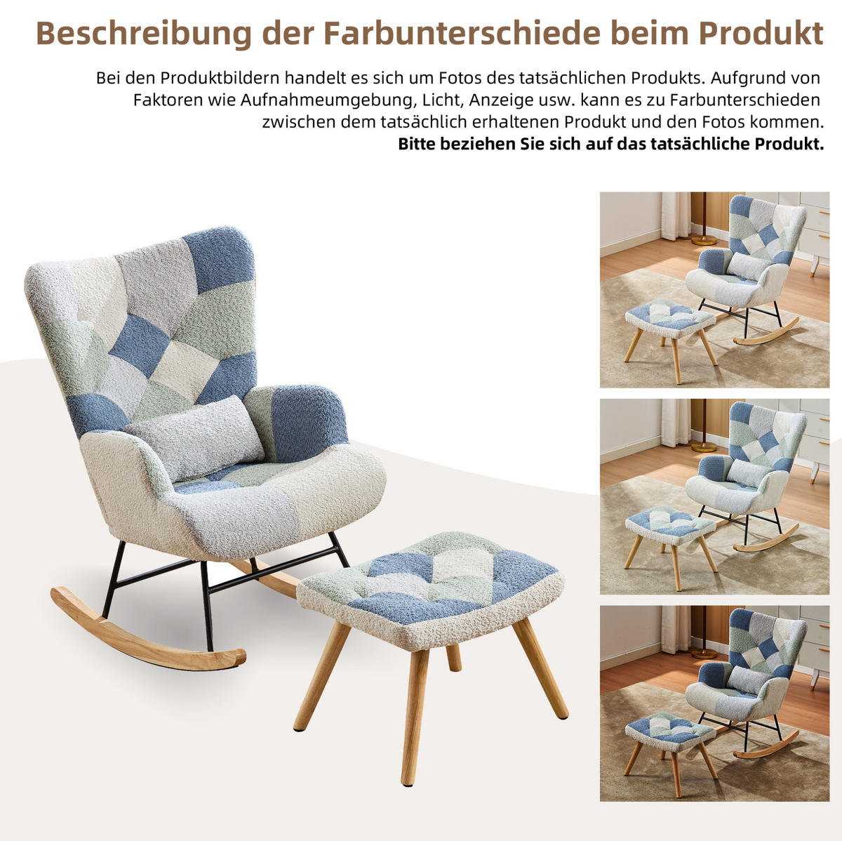 SCHAUKELSTUHL 122/68/91 cm in Beige/Blau mit Fußhocker und Wippfunktion - Multicolor, Textil (68/91/122cm) - Flora Grace
