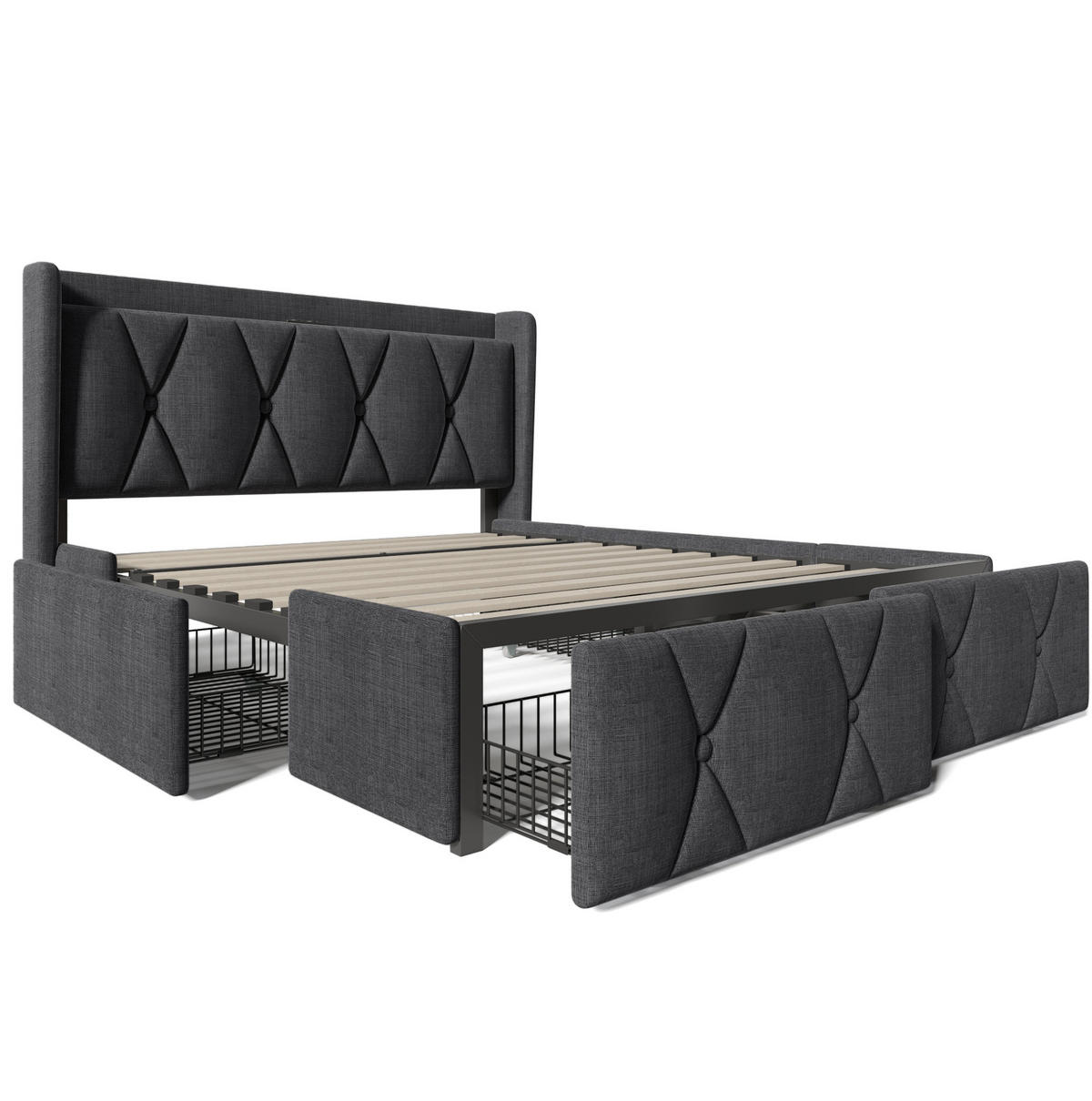 POLSTERBETT 140/200 cm mit USB, Steckdosen und 4 Schubladen inkl. Matratze und Lattenrost, Grau - Grau, Textil (140/200cm) - Redom