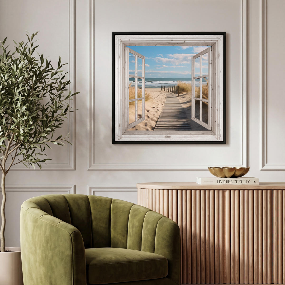 LEINWAND Bilder mit Rahmen - Fenster - Meer - Küste - Natur - Ausblick - Strand - Wattenmeer - 50x50 - Beige, Textil (50/50cm) - MuchoWow