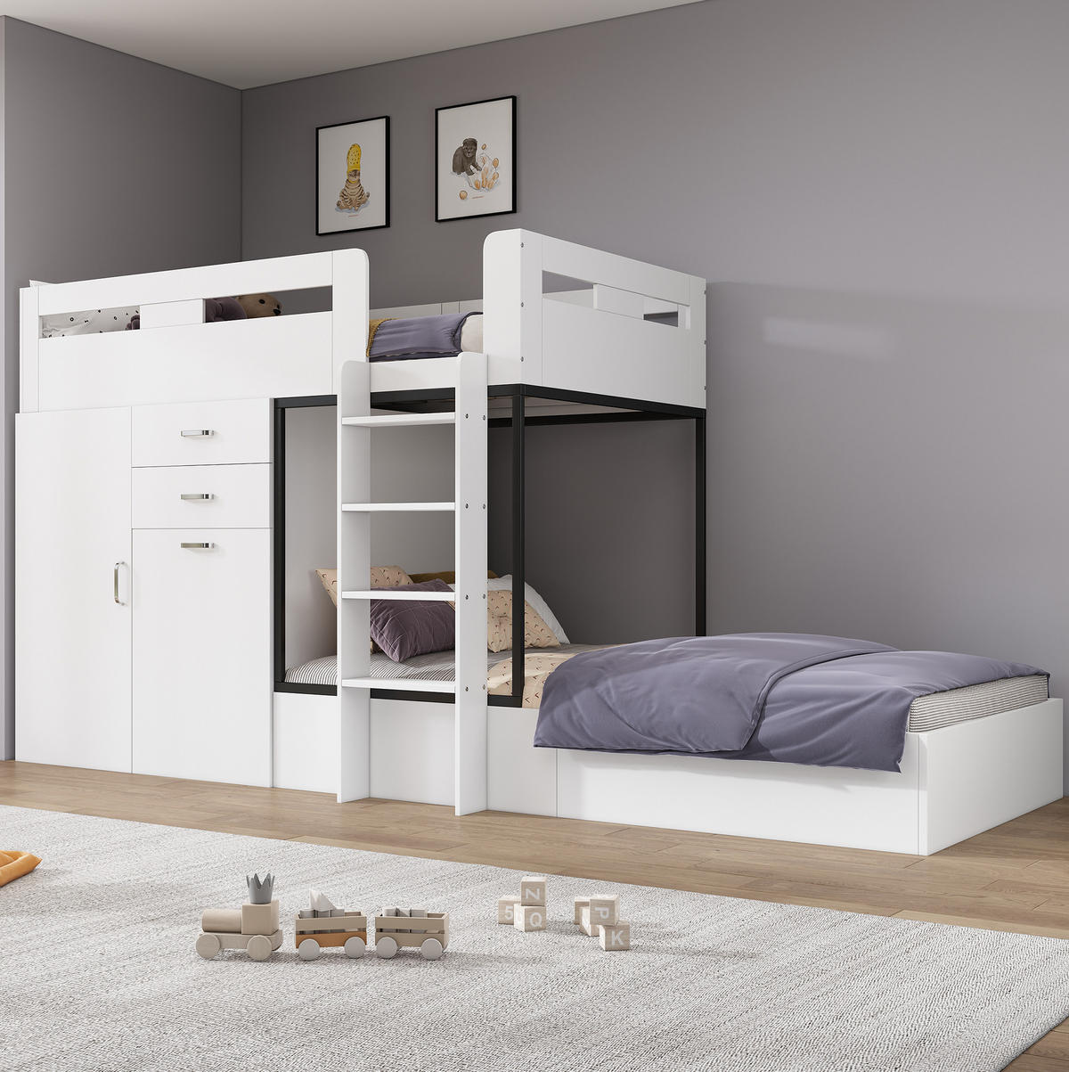 ETAGENBETT aus MDF 90x200 cm in Weiß mit Schreibtisch & Stauraum - Weiß, Holzwerkstoff (90/200cm) - Modfu