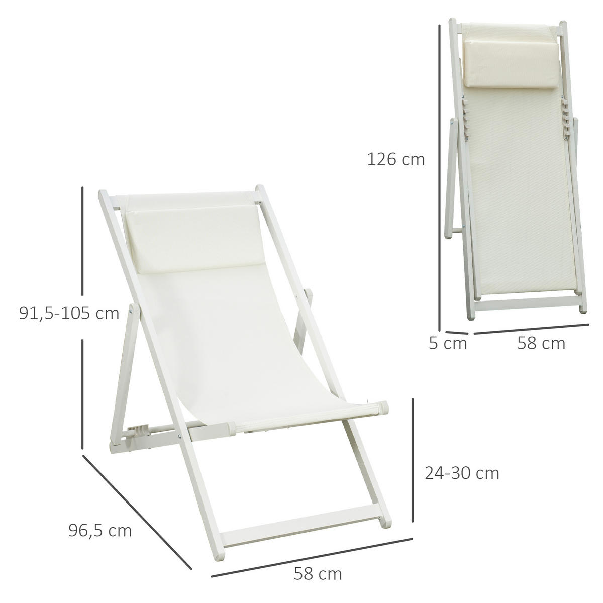 ALUMINIUM-SONNENLIEGE, 2er-Set, Weiß, 5-fach verstellbare Rücken- und Kopfstütze, 60 x 100 x 85 cm - Weiß, Metall (100/85/60cm) - Vallsero