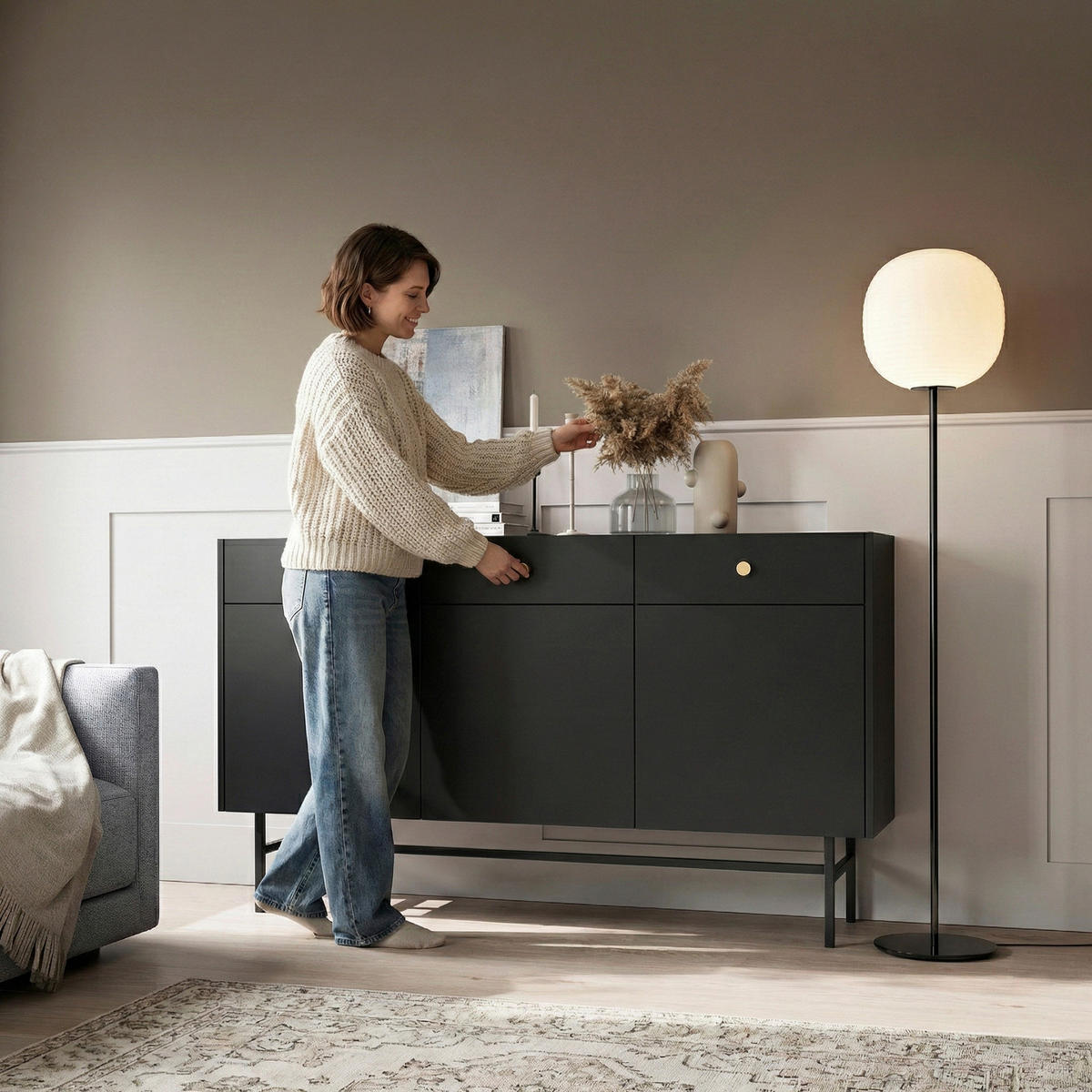 KOMMODE Dalia mit 3 Türen und 3 Schubladen, 104 cm, Schwarz - Schwarz, Holzwerkstoff/Metall (155/84/39cm) - Beautysofa