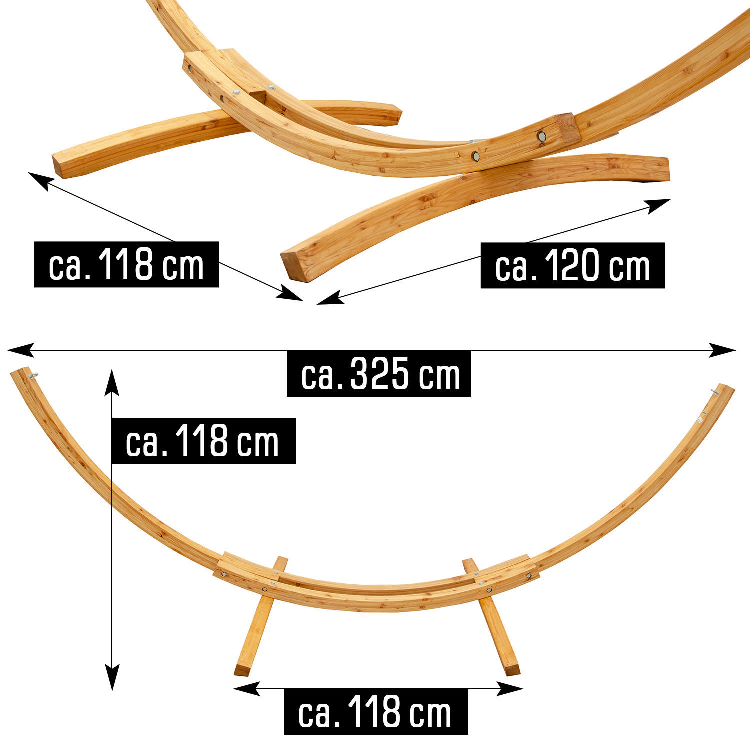 XXL-HÄNGEMATTENGESTELL, 325/120 cm, Holzfarben - Naturfarben, Holz (325/120/118cm) - Amanka