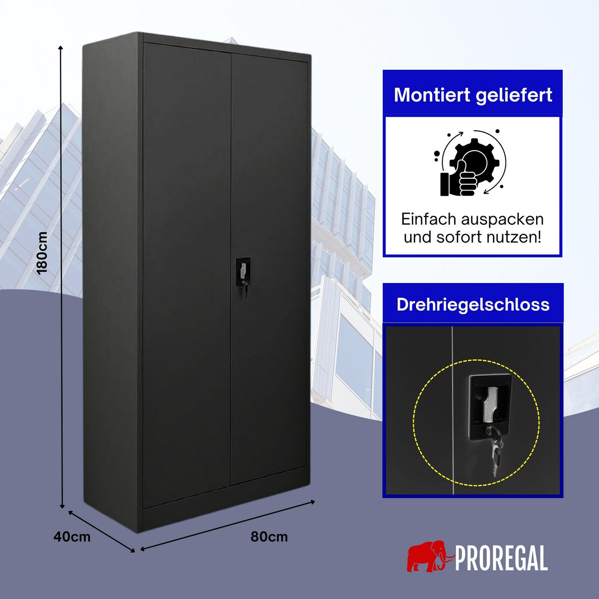 FLÜGELTÜRENSCHRANK Elephant komplett montiert 180x80x40cm 4 Ebenen Schwarz - Schwarz, Metall (80/180/40cm) - PROREGAL