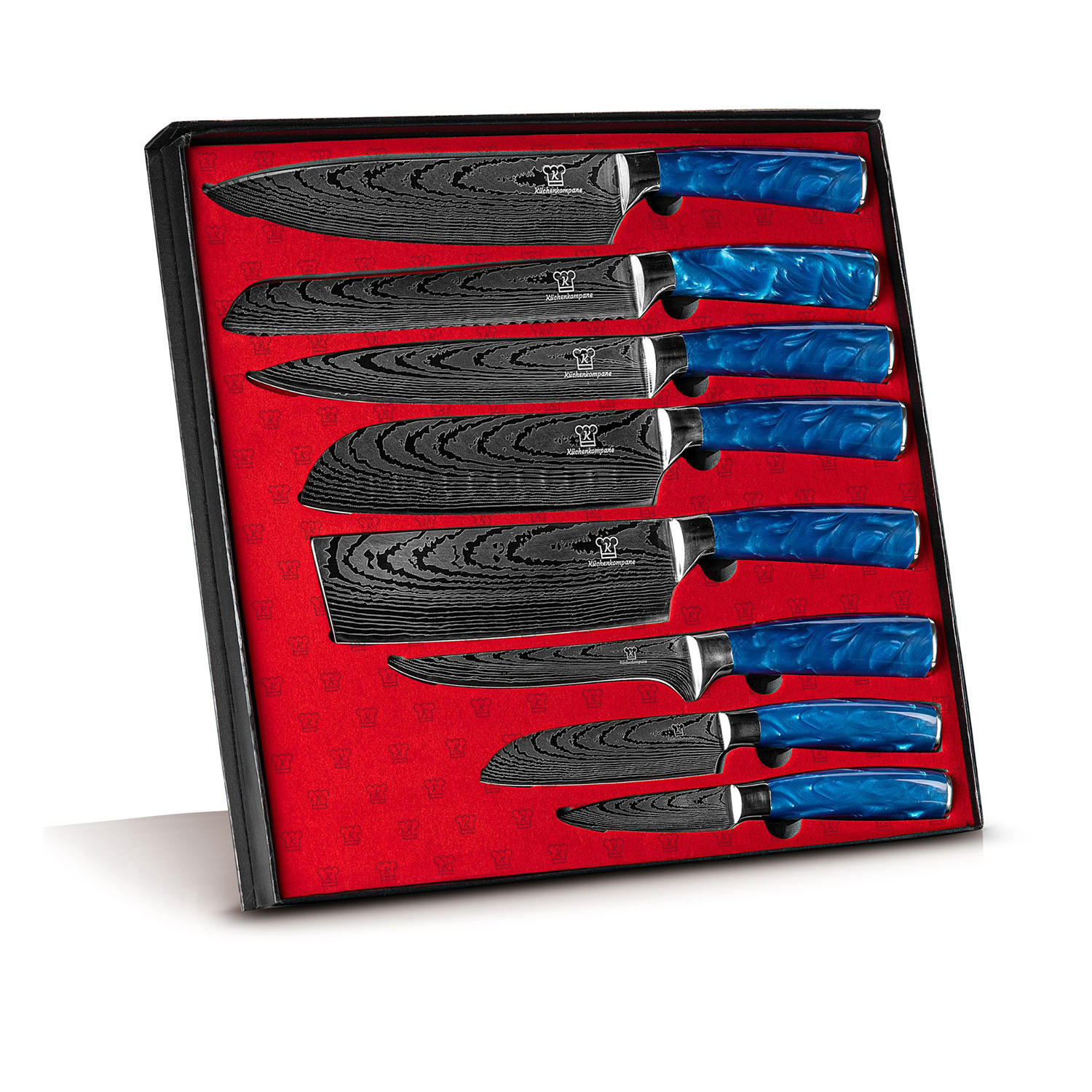 MESSER-SET 8-tlg. mit Edelstahlklingen und ergonomischen Epoxidharz-Griffen - Blau, Holz/Metall - Küchenkompane