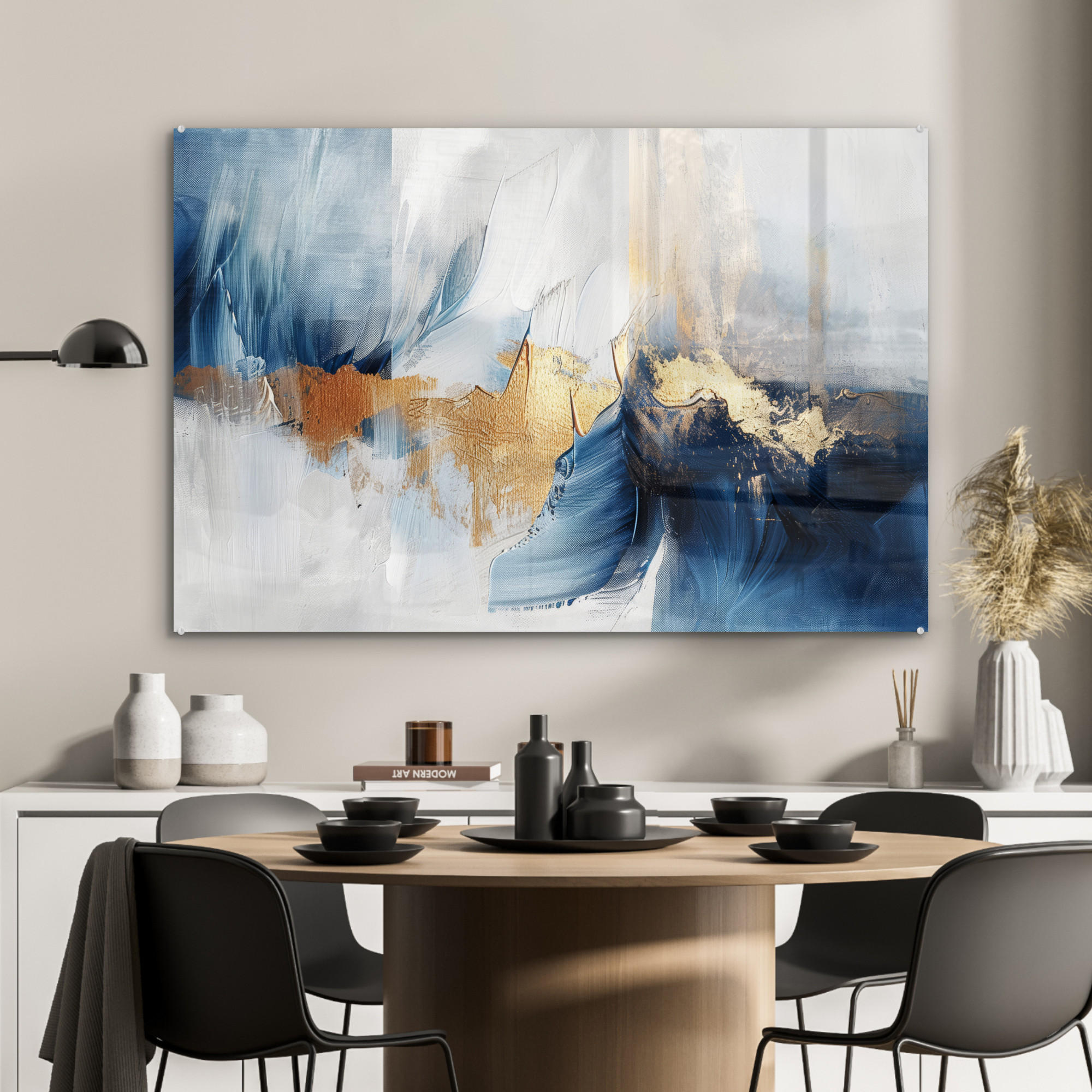 ACRYLGLASBILD Gold - Blau - Aquarell - Kunst - Modern 90x60 cm - Hellblau, Glas (90/60cm) - MuchoWow
