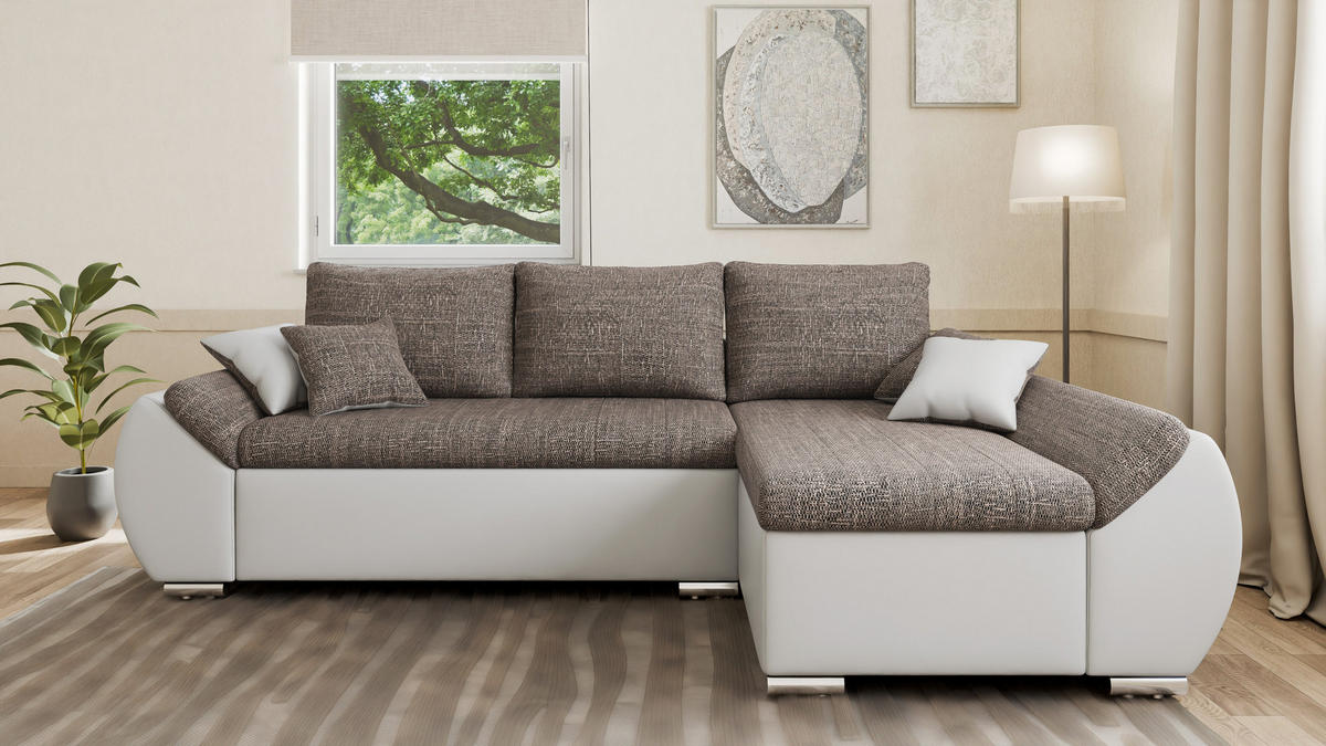ECKSOFA - ALEX – Braun + Weiß (Lawa 02 + Soft 17) - Rechts - Braun, Holzwerkstoff/Metall (275/155cm) - Möblo