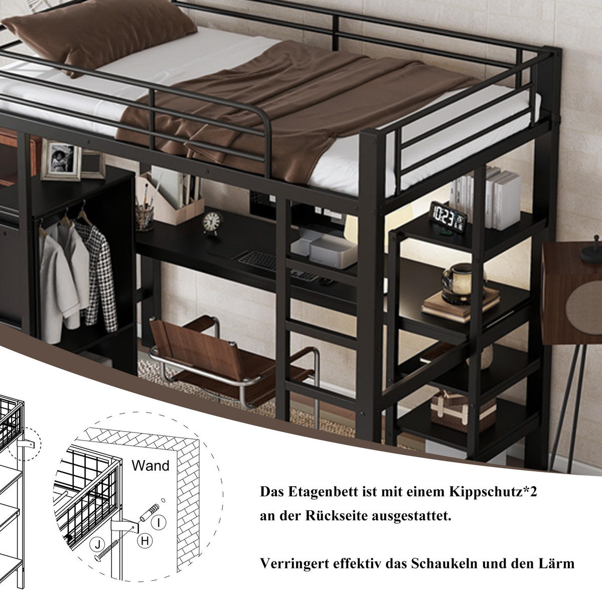 ETAGENBETT 90/200 cm in Schwarz mit Schreibtisch und Kleiderschrank - Schwarz, Metall (90/200cm) - OKMYHOME