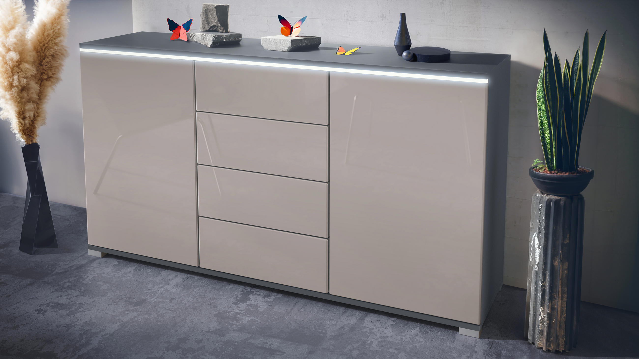 SIDEBOARD Faro Sandgrau Hochglanz - Sandfarben, Holzwerkstoff (138.5/75.5/35cm) - Vladon