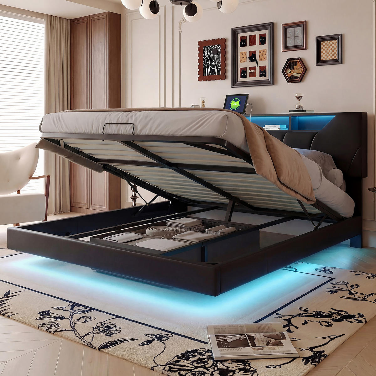 POLSTERBETT 140/200 cm mit großem Ablagekopfteil, USB-Anschluss, LED-Unterbeleuchtung, Lederlook-Bezug - Schwarz, Holz/Metall (140/200cm) - Joyfair