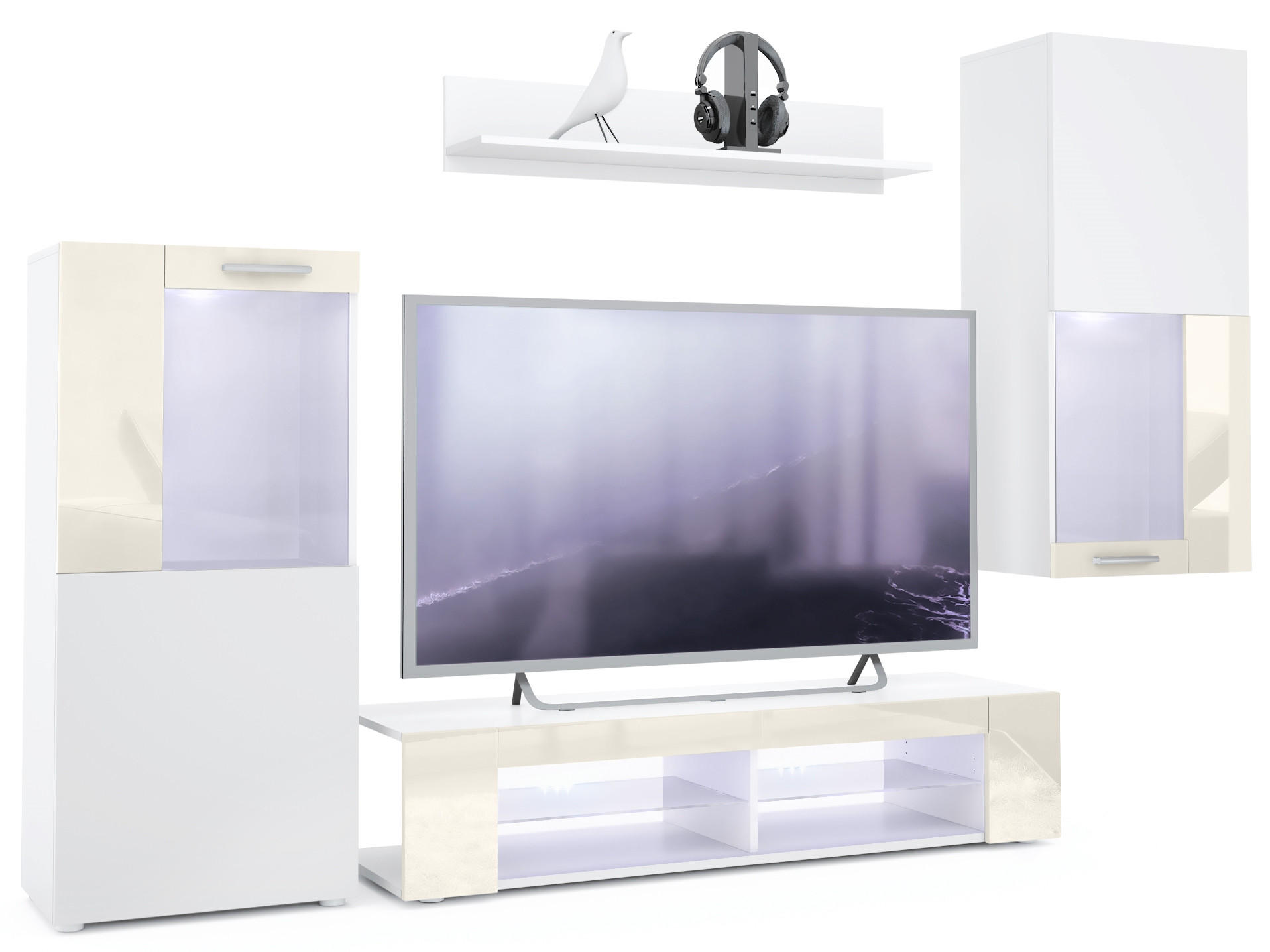 WOHNWAND Movie Absetzungen in Creme Hochglanz - Creme, Holzwerkstoff (300/190/39cm) - Vladon