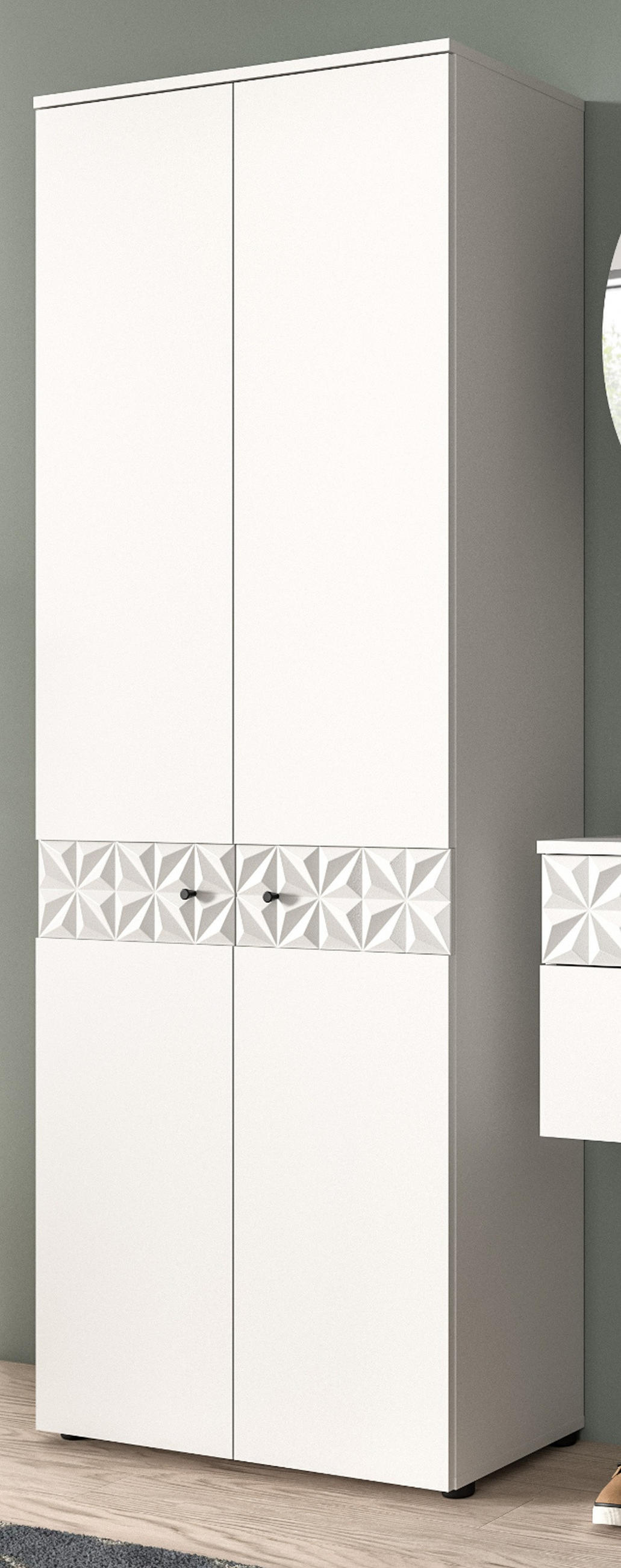 GARDEROBENSCHRANK weiß Hochglanz 70 x 192 cm, Schuhschrank mit 3D-Struktur - Weiß Hochglanz/Schwarz, Holzwerkstoff/Kunststoff (70/192/35cm) - Inn.Furn