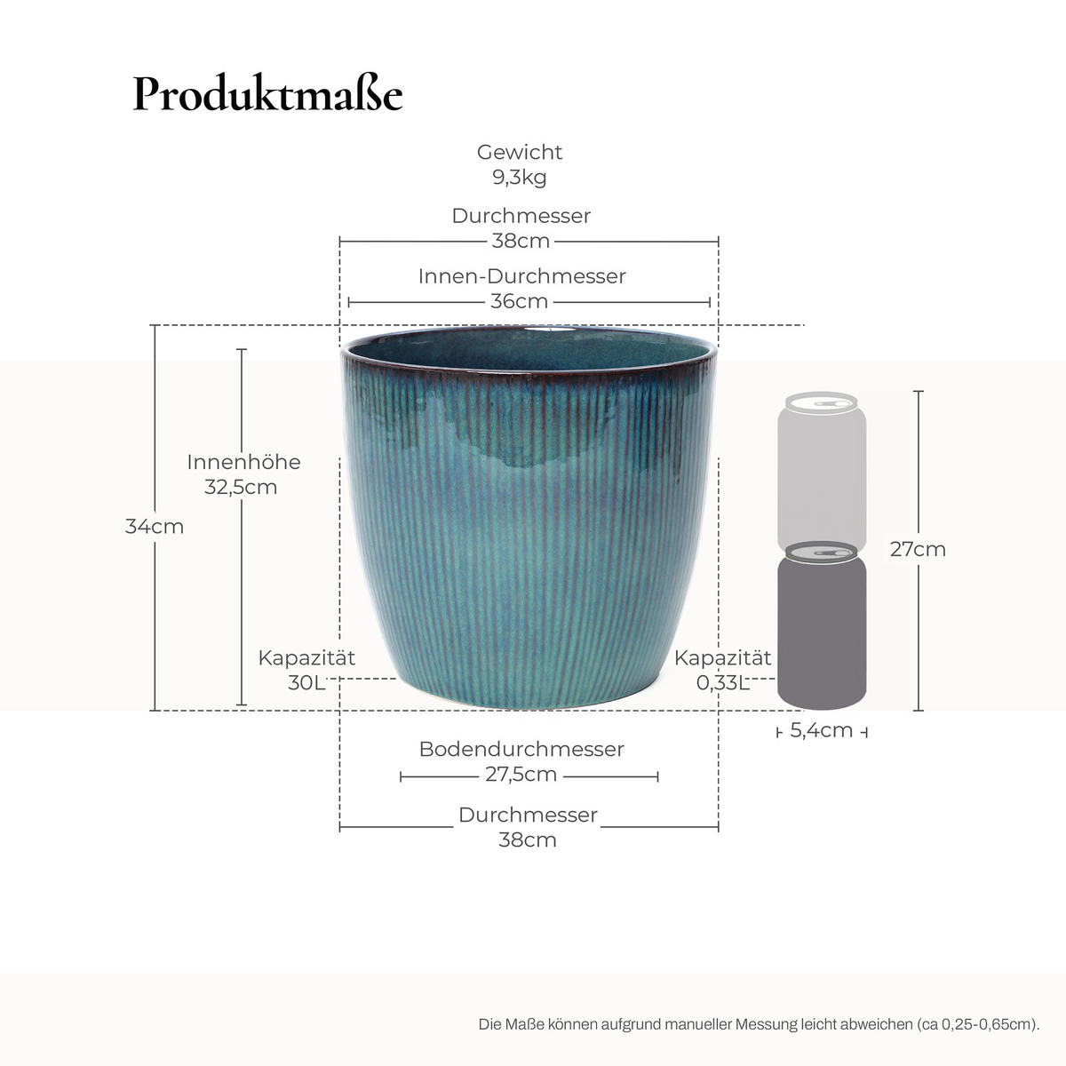 BLAUER Keramik-Blumentopf, Durchmesser 38 cm, Höhe 34 cm - Blau, Keramik (35cm) - Hometopia