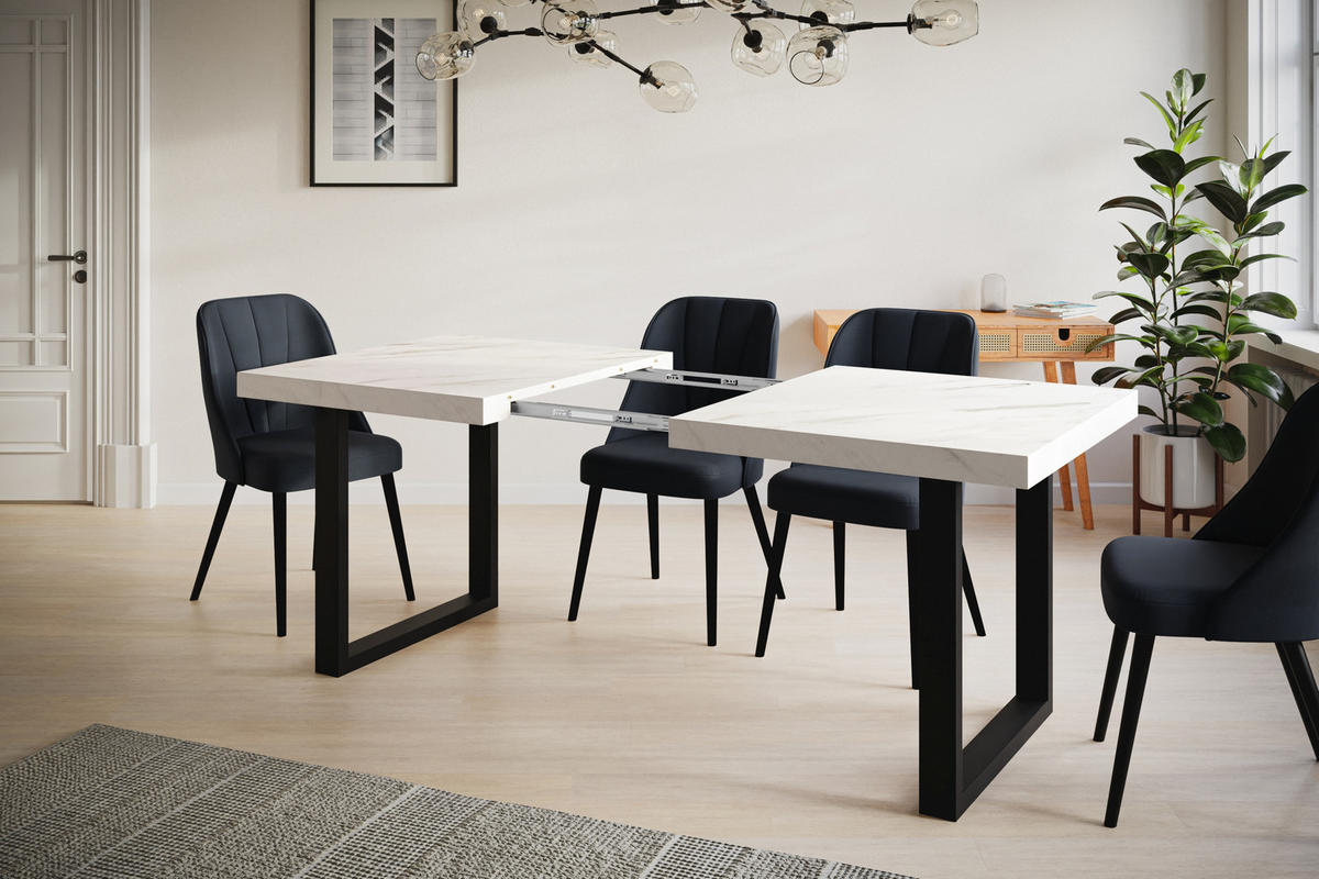ESSZIMMERTISCH LOFT-U, ausziehbarer Tisch 140-240X80X77 cm, Farbe: MARMUR, mit Metallbeinen in Farbe Schwarz - Hellgrau/Schwarz, Holzwerkstoff (140/80/77cm) - Alpi-Möbel
