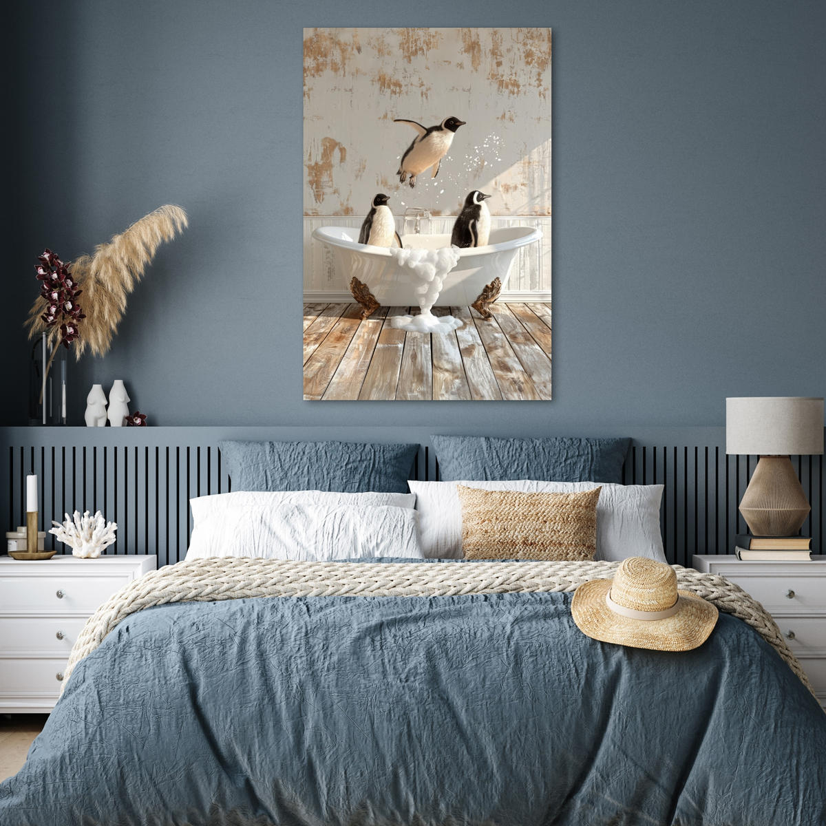 POSTER Vintage - Pinguin - Badewanne - Schaumstoff 80x120 cm - Schwarz, Papier (80/120/0.1cm) - MuchoWow