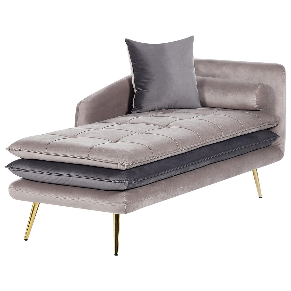 ČALOUNĚNÉ LEHÁTKO CHAISE LONGUE PRAVOSTRANNÉ Sametová látka Taupe Gonesse - šedá/zlatá, textil (160/72/79cm) - Beliani