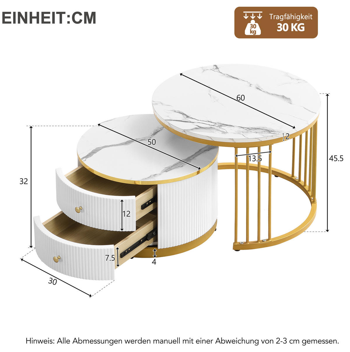 COUCHTISCH aus MDF 60x60x45,5/50x50x32 cm in Weiß mit 2 Schubladen - Weiß, Holzwerkstoff (60/60/45.5cm) - Modfu