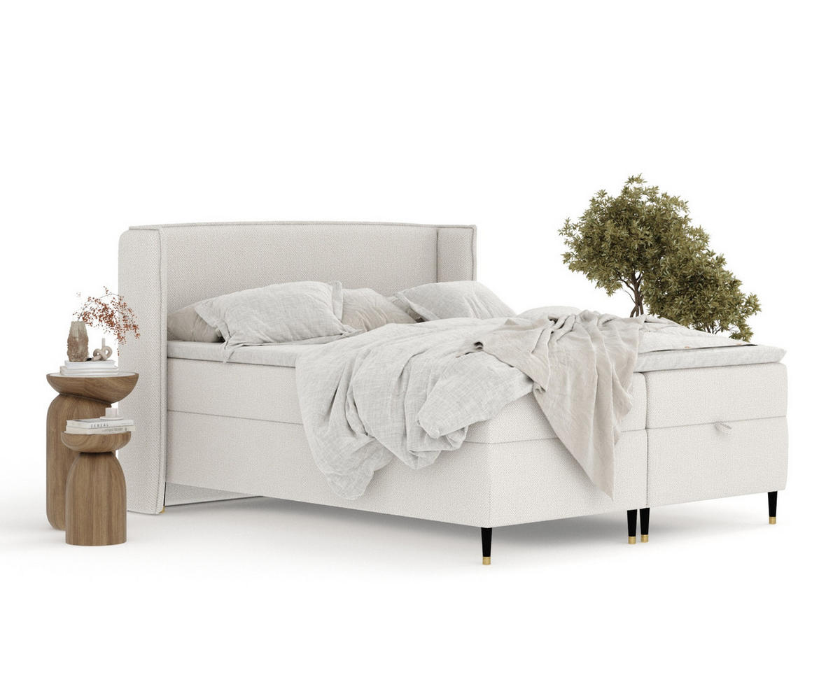 BOXBETT Monpelli Beige 140/200 cm mit Matratze und Topper - Beige/Schwarz, Holz/Holzwerkstoff (140/200cm) - Maison de Reve