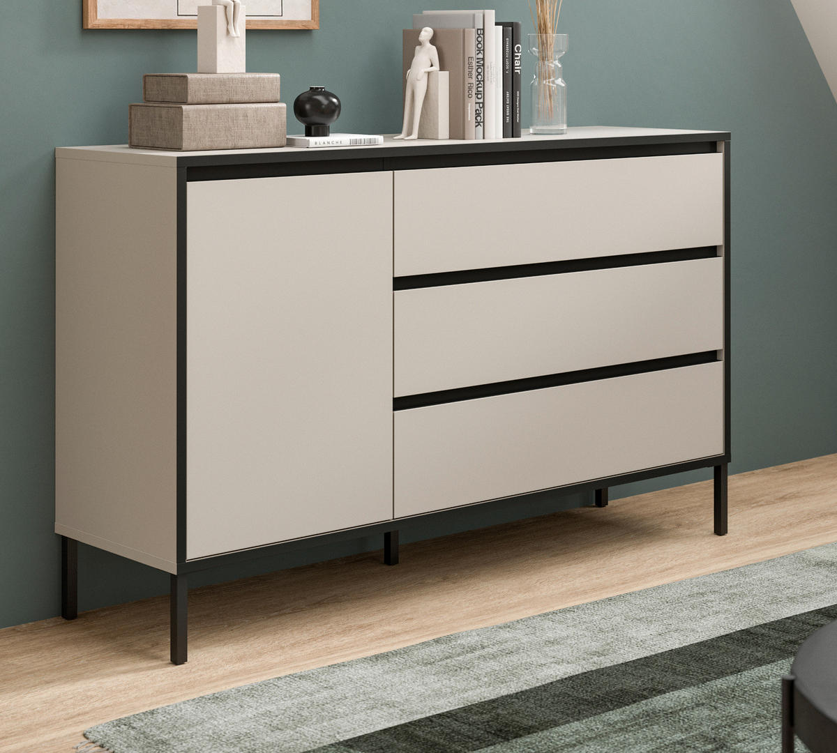 SIDEBOARD Sand / Kaschmir mit Schwarz, Kommode mit 3 Vollauszug-Schubkästen 163 x 83 cm - Sandfarben/Kaschmir, Holzwerkstoff/Metall (136/83/38cm) - Inn.Furn