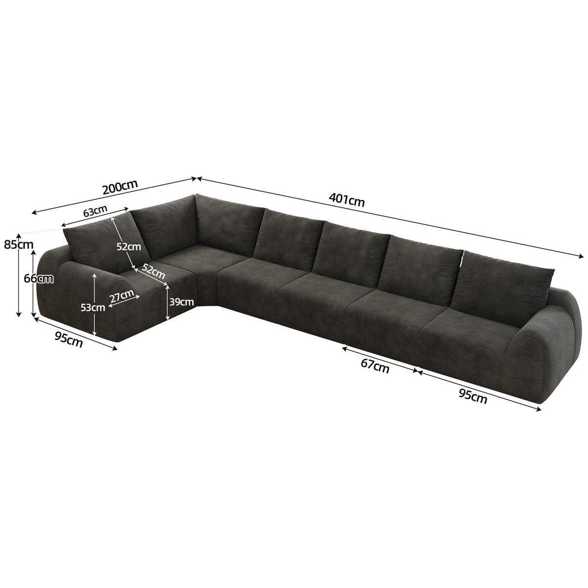 ECKSOFA 401/200/85 cm Dunkelgrau Chenille, 6-Sitzer - Dunkelgrau, Textil (401/200cm) - Oxeza