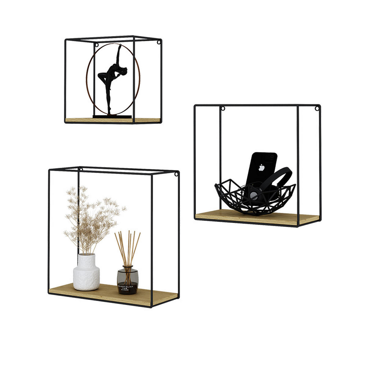 WANDREGAL Hilde Goldkraft Eiche 3 Teile - Eiche Wotan/Schwarz, Holzwerkstoff (32/32/12cm) - Vicco