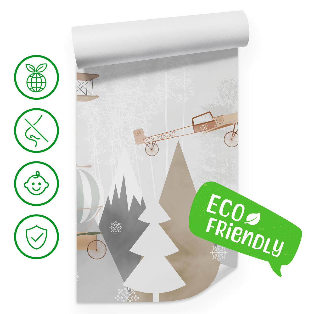 FOTOTAPETE für Kinderzimmer Flugzeuge Bergen Bäume 500x350 - Beige/Braun, Papier (500/350cm) - Muralo