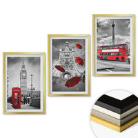 WANDBILDER 3er Set - 40x60 cm Goldrahmen - Roter Regenschirmstand und Londoner Bus - Goldfarben, Kunststoff (40/60cm) - ArtPrintCave