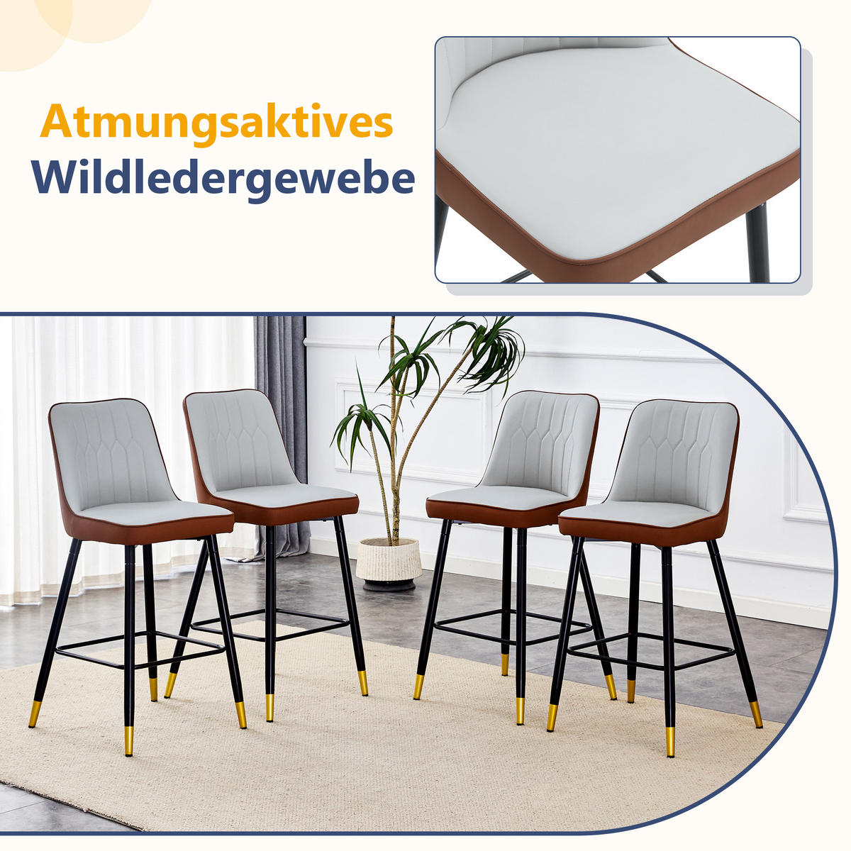 BARHOCKER 2er-Set Hellgrau/Braun mit PU-Leder und Fußraste - Braun, Metall (42/100/45cm) - PANGIVO