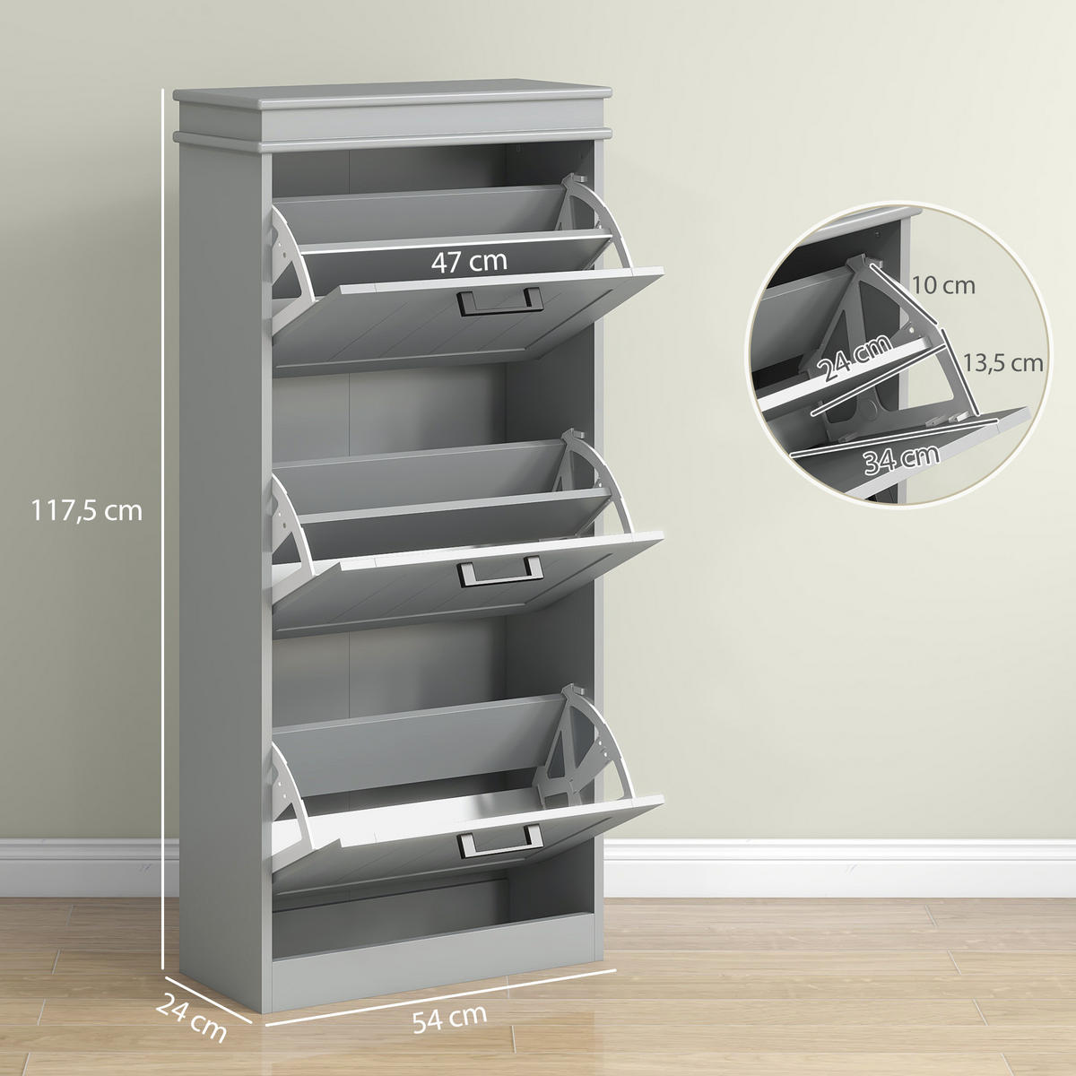 SCHUHSCHRANK,3-TÜRIG klapp für 15 Paar 54x24x117,5cm,grau - Grau, Holzwerkstoff (54/117.5/24cm) - Vallsero