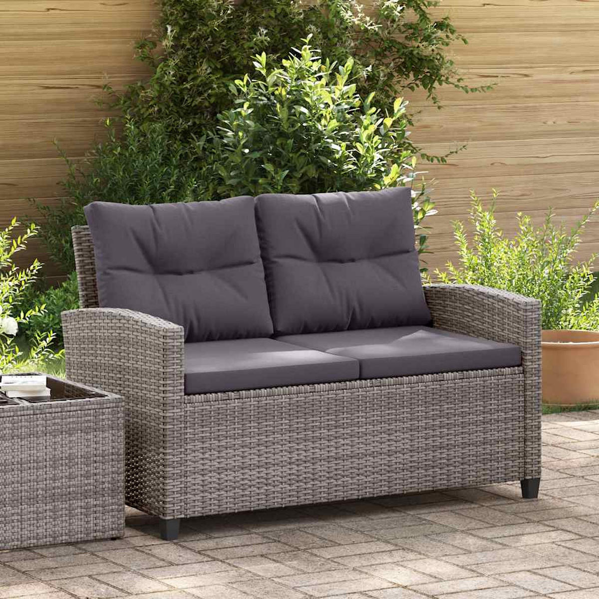 LOUNGESOFA mit Dunkelgrau Kissen und Armlehnen, 124/68/77 cm, aus Poly Rattan, Grau - Dunkelgrau, Naturmaterialien/Textil (68/77/124cm) - vidaXL