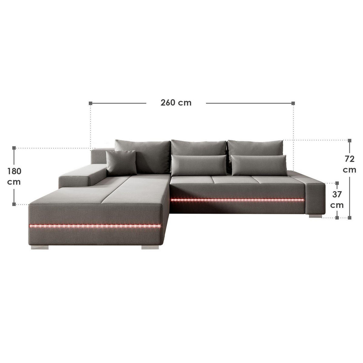 SOFA Davos mit Ottomane links hellgrau inkl LED - Hellgrau, Textil (260/180cm) - Juskys