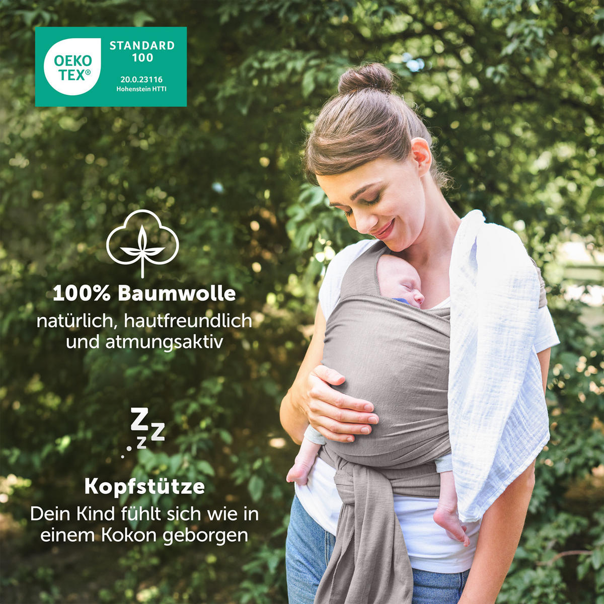 BABYTRAGEN für Neugeborene bis 15 kg - 100% Baumwolle (Ohne Elasthan) - Hellgrau - Hellgrau, Textil (60/5.1cm) - Laleni