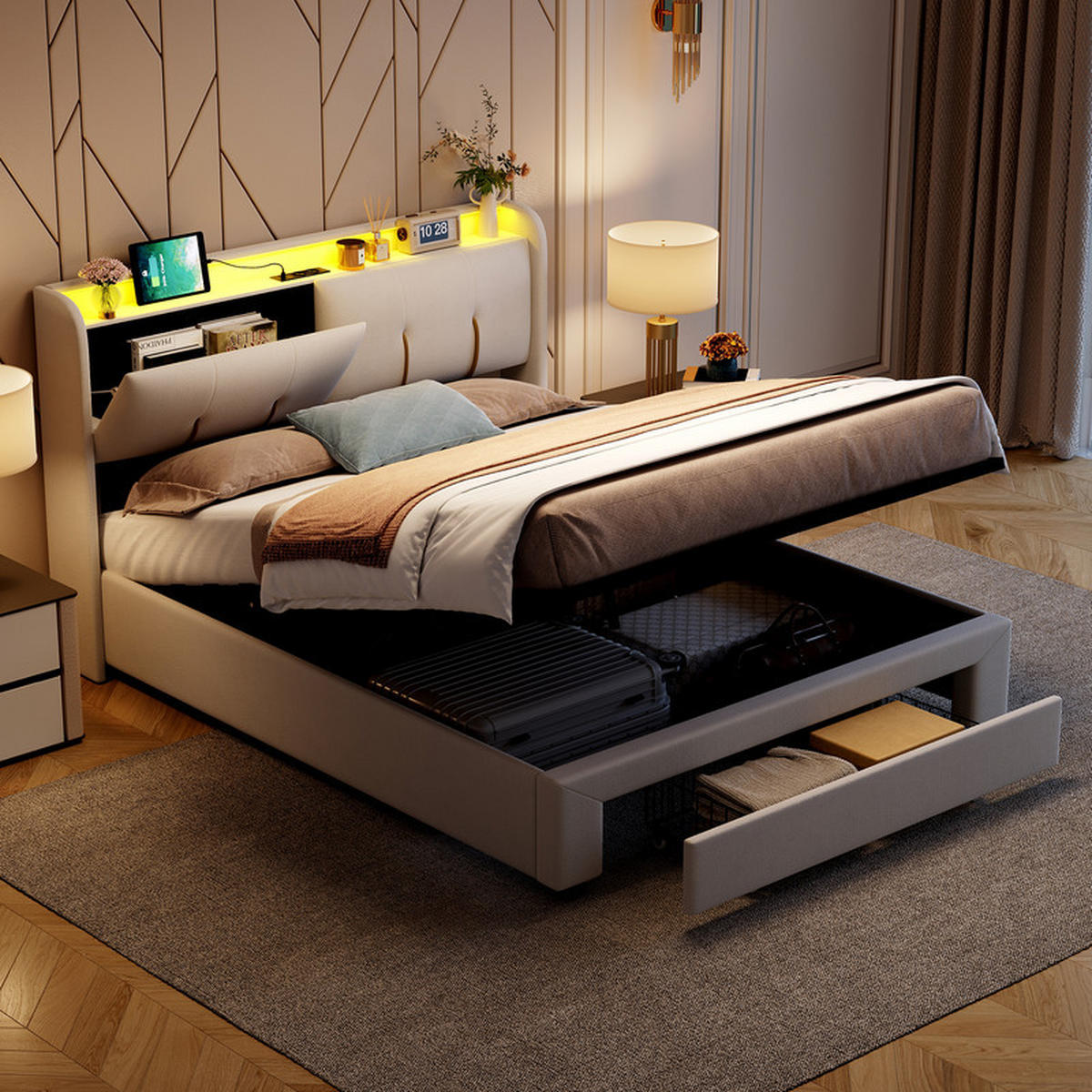 POLSTERBETT 160x200cm, Beige, Samt, mit LED-Lichtleiste und USB-Ladeanschluss, Schubladen, ohne Matratze - Beige, Holz (160/200cm) - WoodenAura