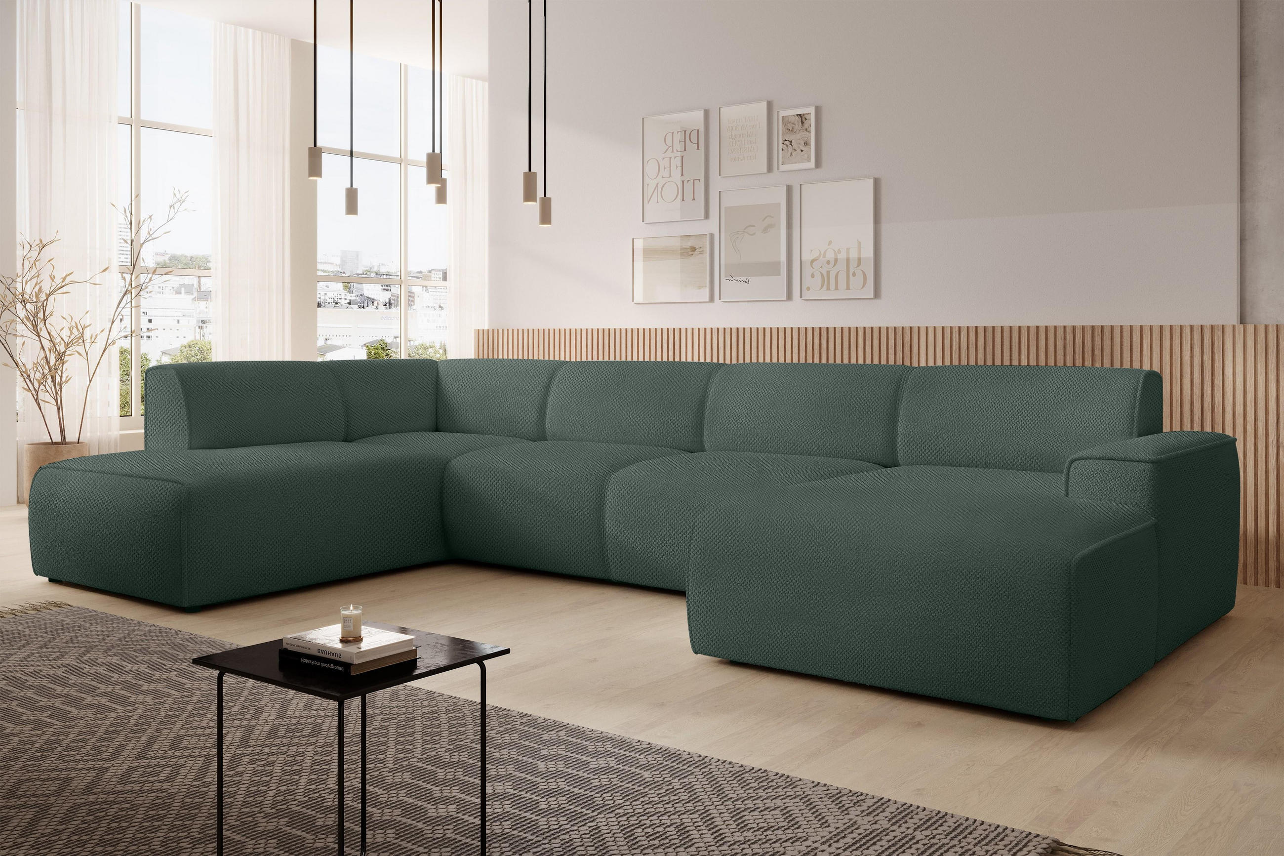 WOHNLANDSCHAFT Didim Grün 378/220/78 cm – großes Sofa stilvoll & bequem L - Schwarz/Grün, Kunststoff/Textil (220/78/378cm) - AX Living