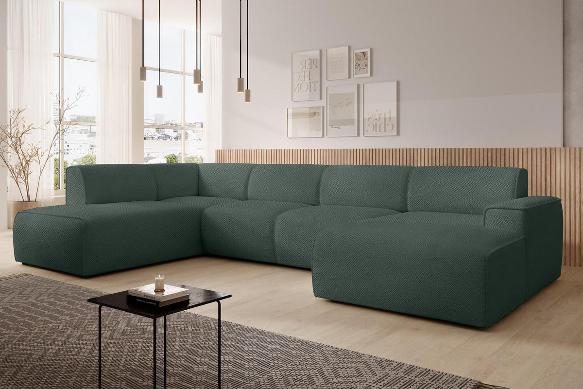 WOHNLANDSCHAFT Didim Grün 378/220/78 cm – großes Sofa stilvoll & bequem L - Schwarz/Grün, Kunststoff/Textil (220/78/378cm) - AX Living