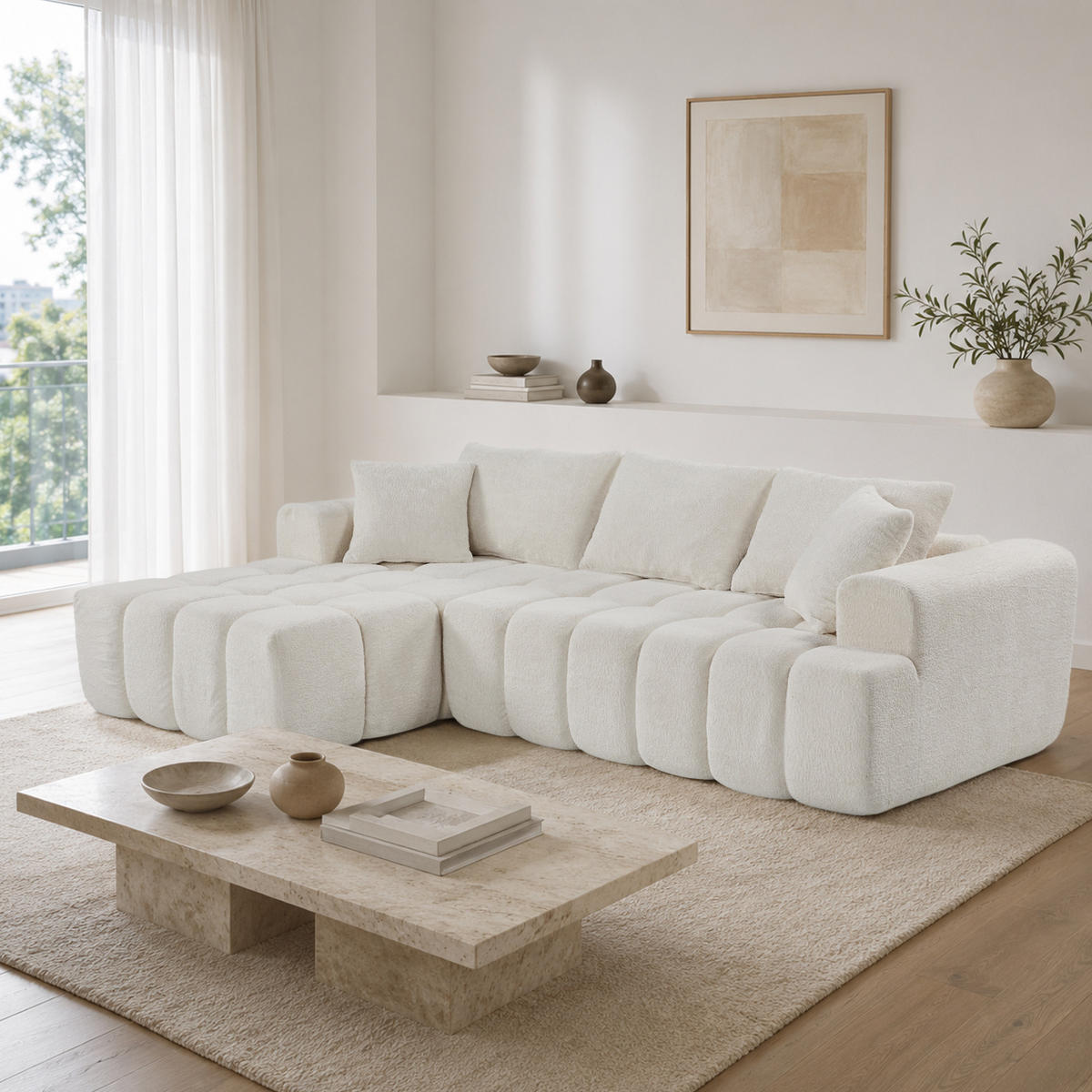 ECKSOFA 249,94/124,97/58,98 cm weiß aus Samtstoff modular und bequem - Weiß, Textil (249.94/124.97cm) - OKWISH