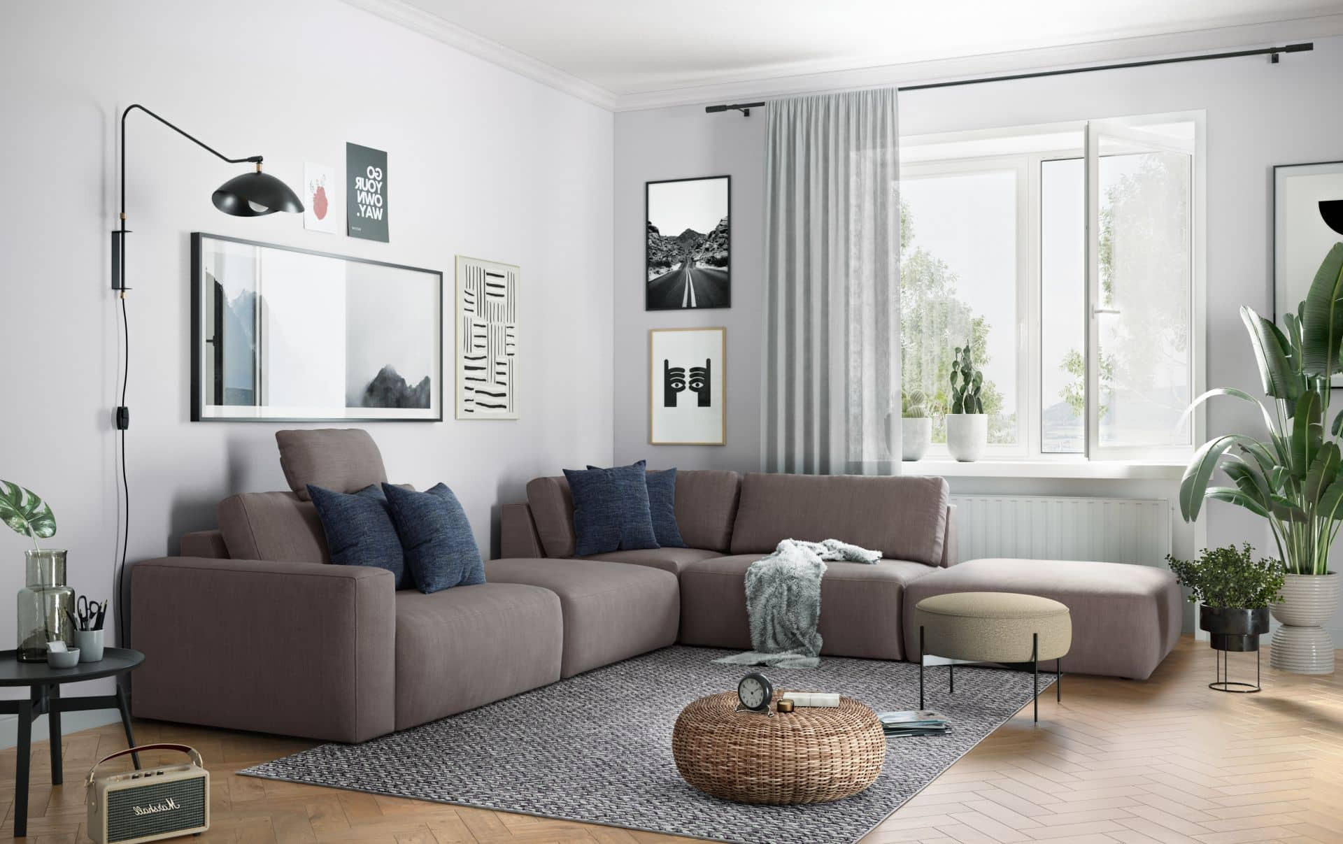 Thumbnail - Cotta Ecksofa, Taupe, Textil, Echtholz,Fichte, Uni, 5-Sitzer, Füllung: Taschenfederkern, Ottomane rechts,L-Form, 373x345...