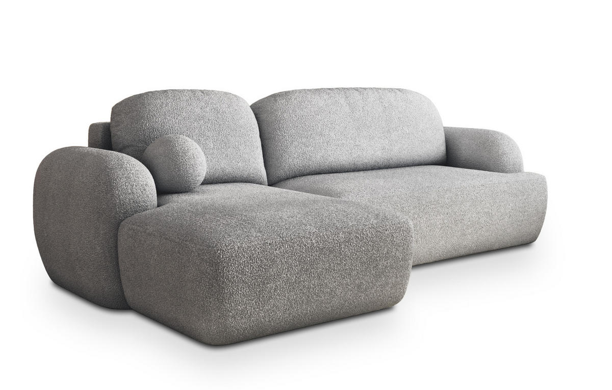 ECKSOFA MODENZA N L-S Hellgrau Boucle-Stoff mit Schlaffunktion - Hellgrau, Holz (266/148cm) - MASSENO