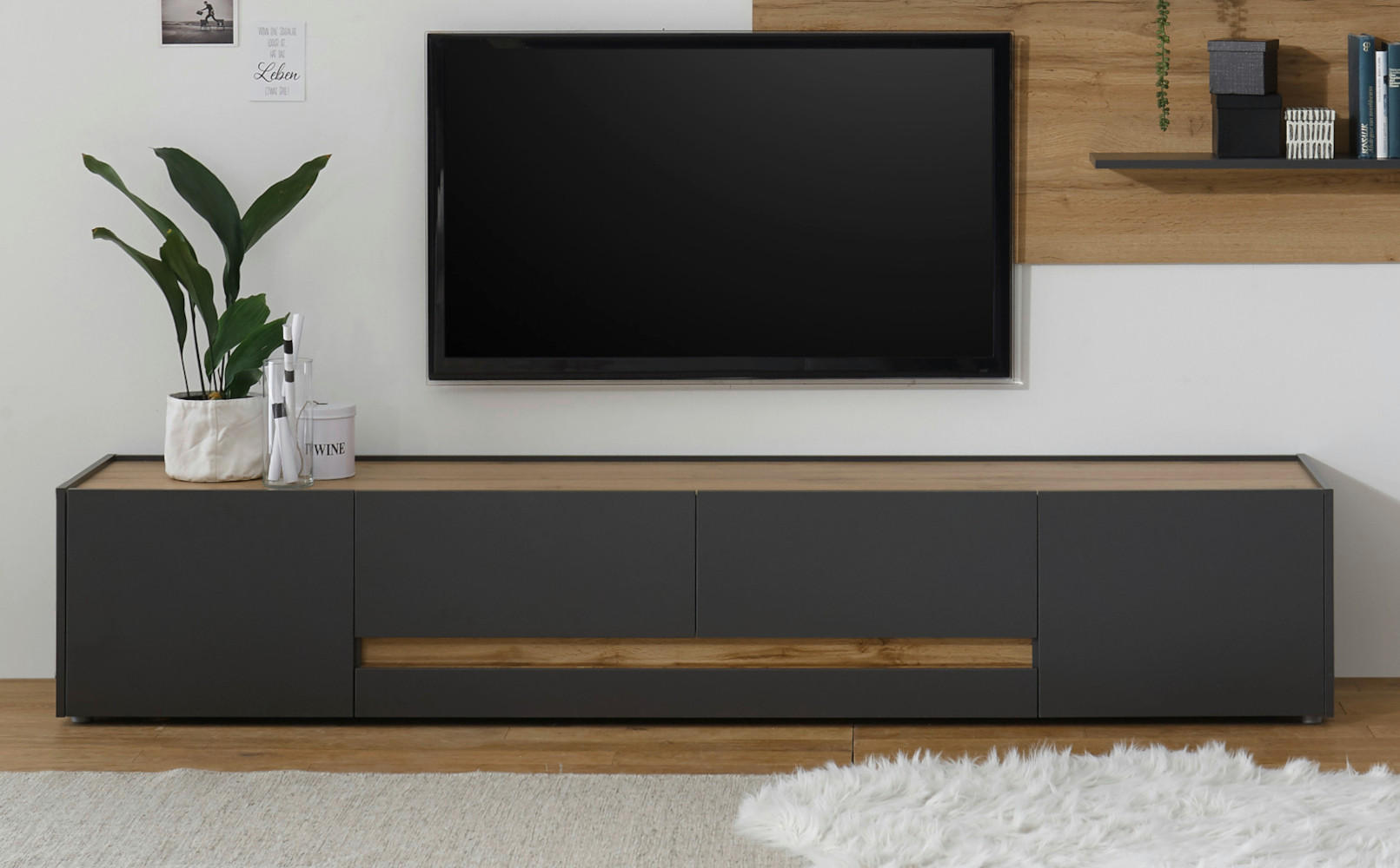 TV-LOWBOARD grau matt, Eiche Wotan 220 cm, TV Unterteil mit viel Stauraum - Eiche Wotan/Schwarz, Holzwerkstoff/Kunststoff (220/40/45cm) - Furn.Design