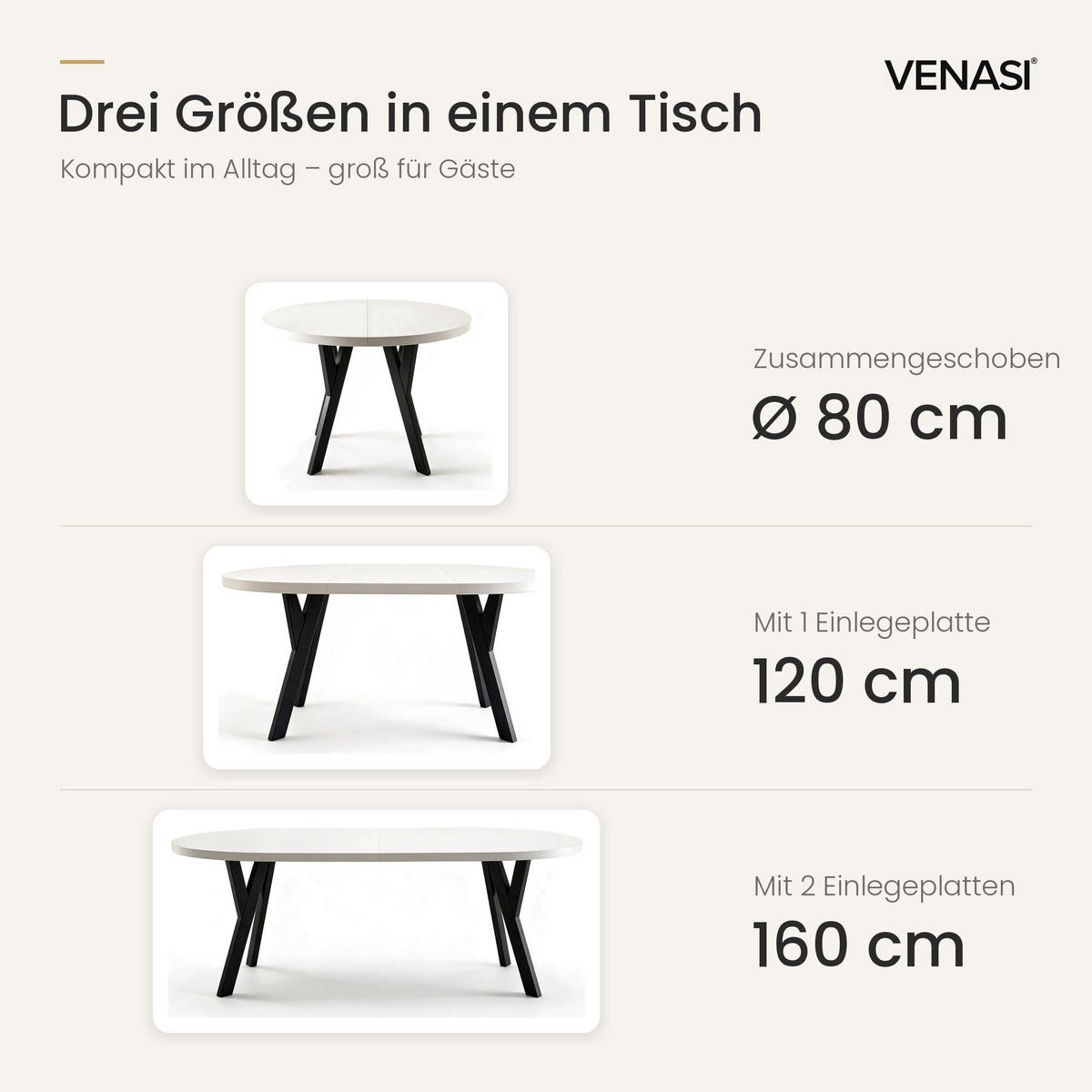ESSTISCH ausziehbar rund 80-160 cm ATO Weiß, Auszugstisch mit Einlegeplatte - Schwarz/Weiß, Holzwerkstoff (80/80/77cm) - VENASI MÖBEL