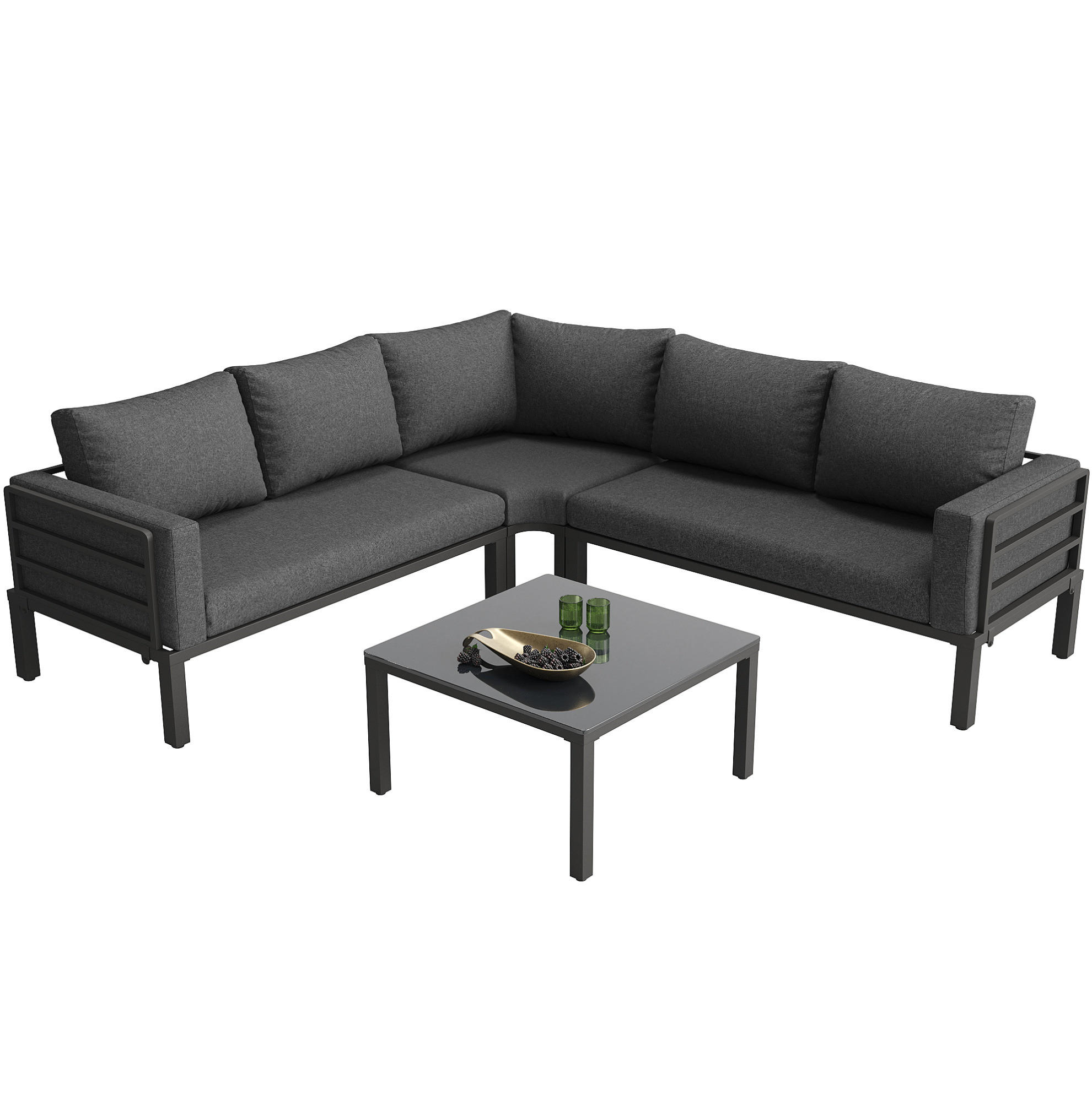 GARTENMÖBEL-SET 4–5 Sitzplätze mit Couchtisch Glasplatte, verstellbare Füße, 114/60/70,5 cm, Grau - Grau, Metall - Redom