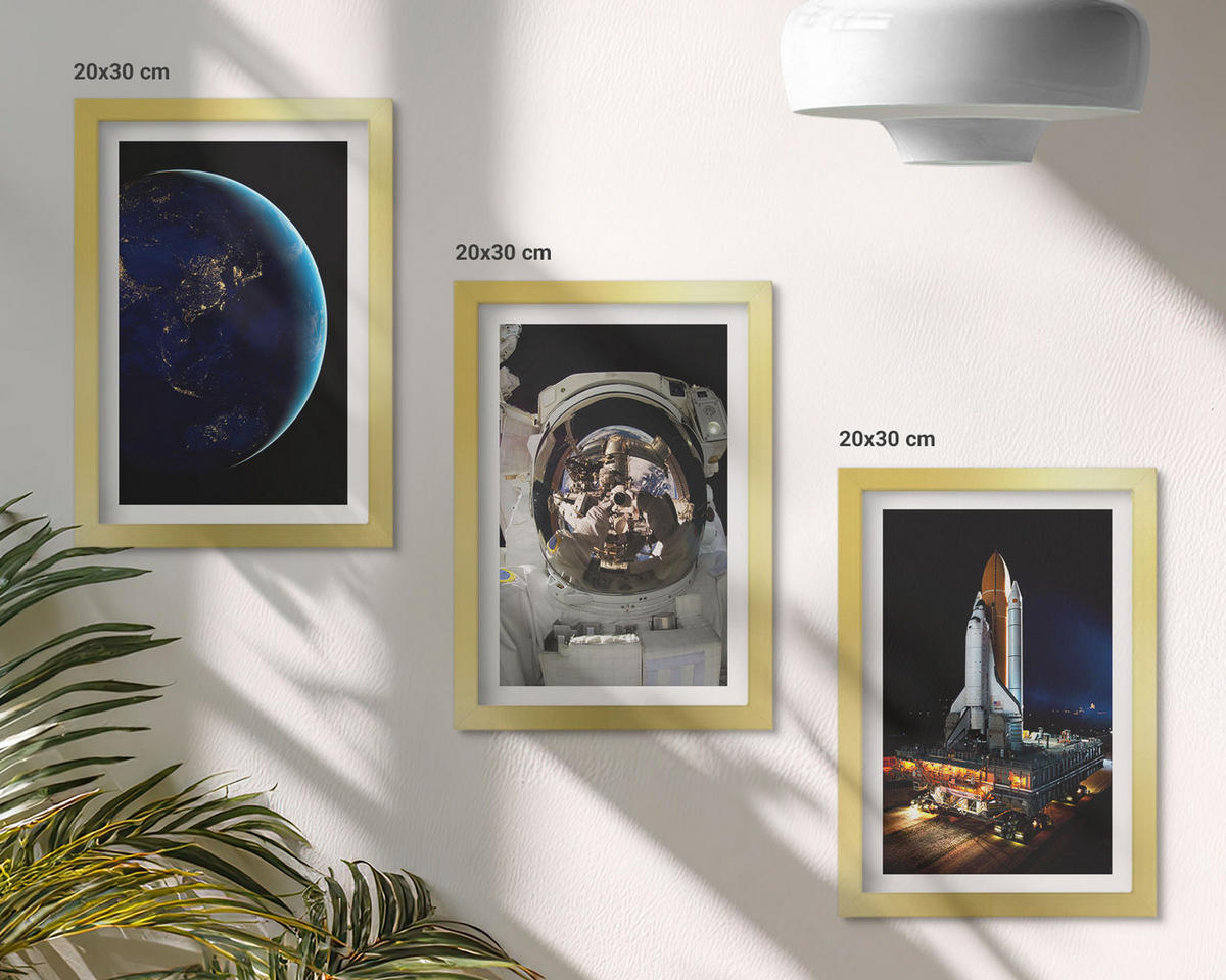 BILDER SET 3er Set - 20x30 cm Goldrahmen - Weltraum Erde Astronaut Rakete - Goldfarben, Kunststoff (20/30cm) - TULUP