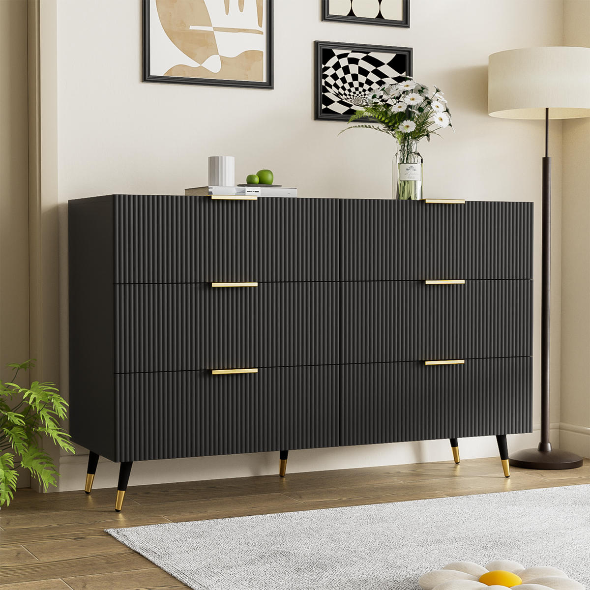 SIDEBOARD Schwarz, 6 Schubladen, Holz, für Wohnraum - Schwarz, Holz (120/77/40cm)
