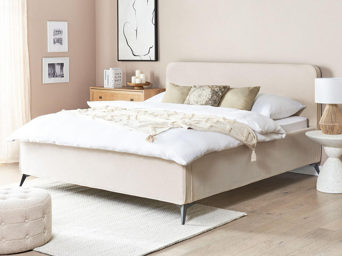 BETT mit Lattenrost 180/200 cm Hellbeige Valognes - Beige/Schwarz, Textil (180/200cm) - Beliani