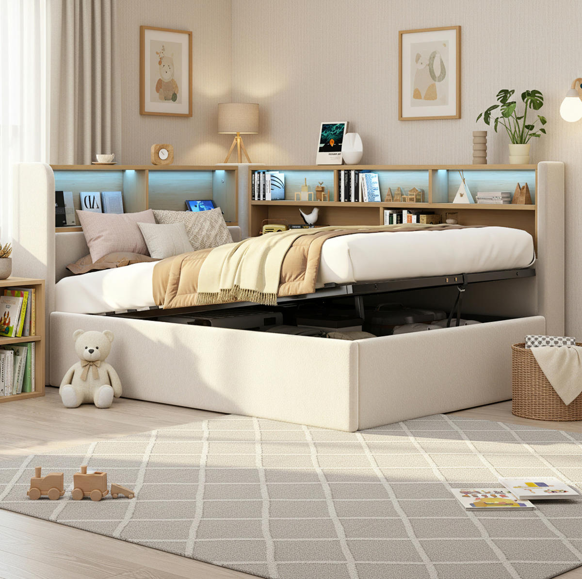 DENNÁ posteľ 90/200 cm béžová zo zamatu s hydraulickým úložným priestorom, LED osvetlením a USB nabíjaním - béžová, textil (90/200cm) - OKWISH